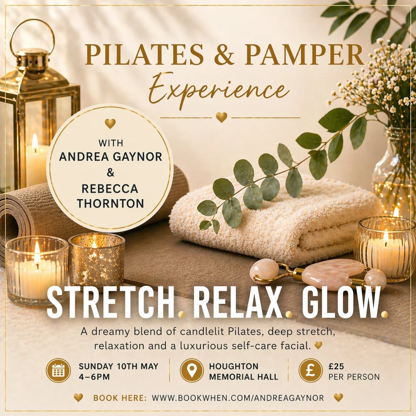 As we move into lighter mornings and longer days… this is your reminder to carve out some you time 💛
Whether you want to move, relax, connect, or completely switch off… I’ve got something for you.
Here’s what’s coming up 👇
🌿 Sunday 10th May
Pilates & Pamper Experience
with Andrea Gaynor & Rebecca Thornton
🕓 4–6pm
📍 Houghton Memorial Hall
A dreamy blend of candlelit Pilates, deep stretch, relaxation… and a luxurious self-care facial ✨
Think calm vibes, glowing skin, and a full reset.
👉 £25 per person
👉 Book here: www.bookwhen.com/andreagaynor�
Link in the comments