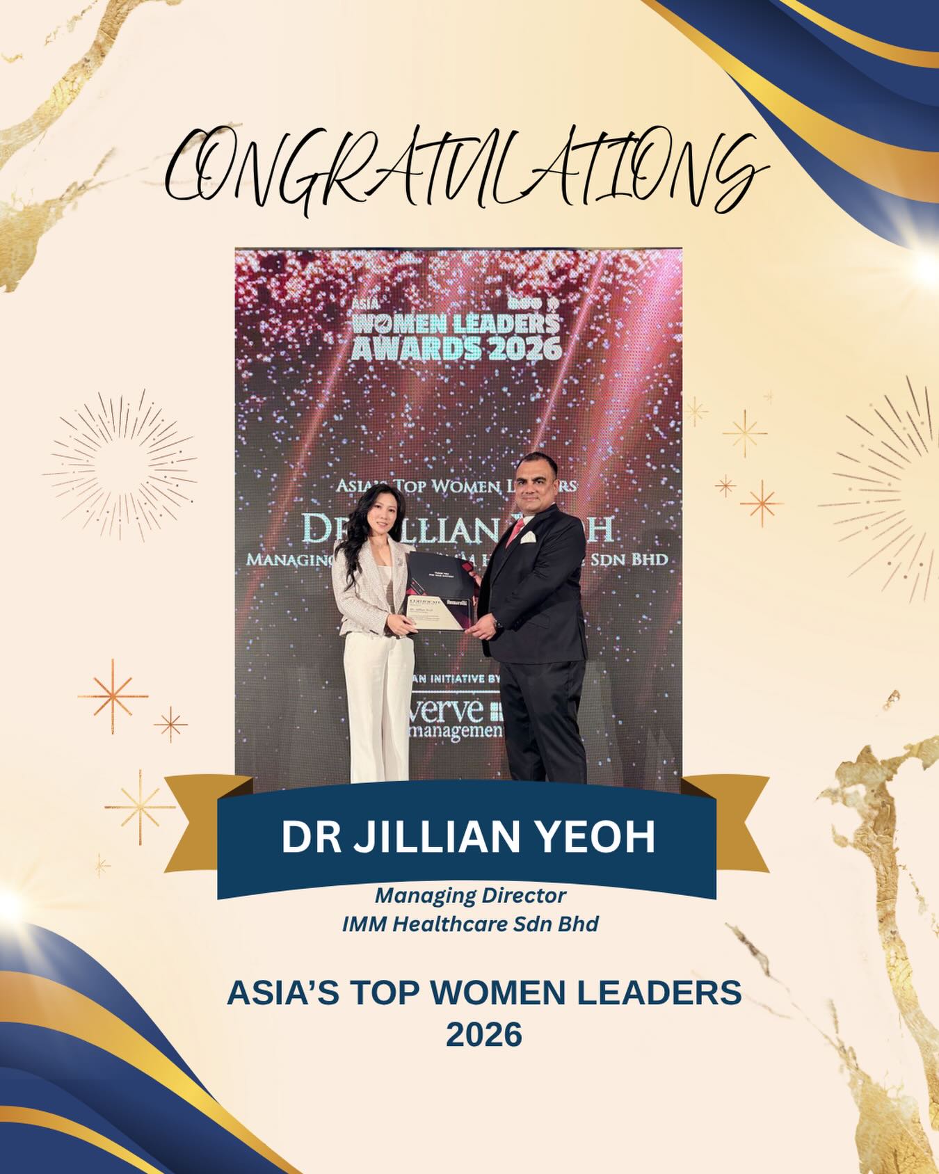 Celebrating Leadership and Excellence
We are pleased to share that Dr Jillian Yeoh, Managing Director of IMM Healthcare Sdn Bhd, has been awarded the Asia’s Top Women Leaders Award 2026.
This distinguished accolade reflects her strategic leadership, dedication, and ongoing contributions to advancing healthcare and wellness.
We extend our sincere congratulations on this well-deserved recognition.
#immcarehub #immhealthcare