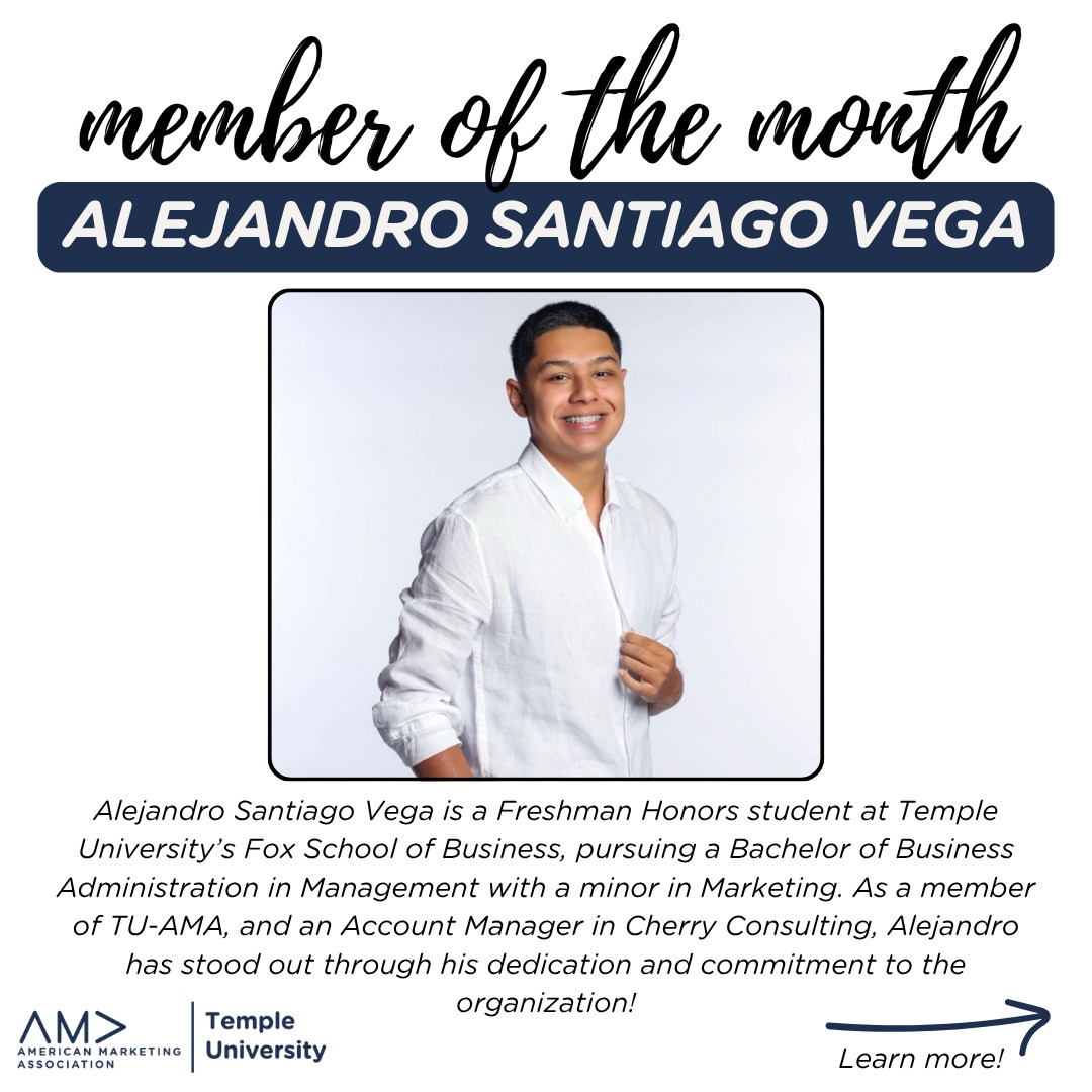 Congratulations to our Member of the Month, Alejandro Vega! We're so proud to spotlight Alejandro for his dedication and accomplishments within TU-AMA, and we look forward to seeing him continue to grow!!! Swipe left to learn more about Alejandro! #tuama #templeowls #ama
