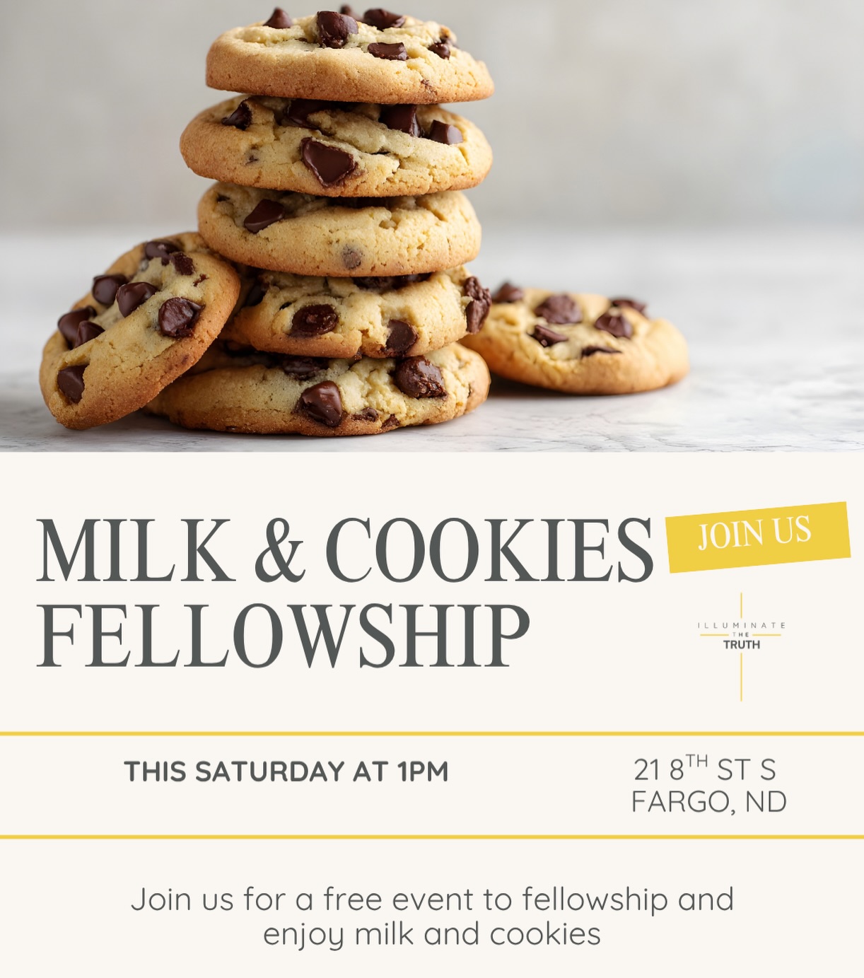 Join us for a free event to fellowship and enjoy milk and cookies This Saturday at 1pm!!