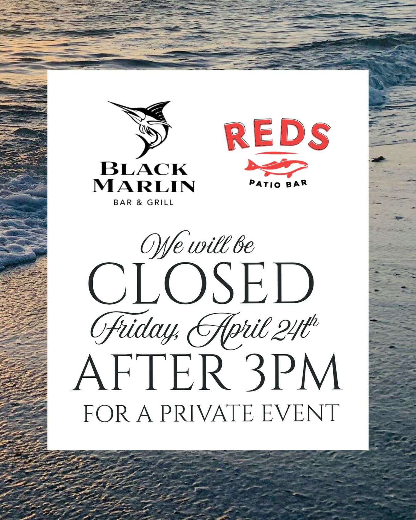 Heads up, friends! Black Marlin & Reds will be closing tomorrow (Friday) at 3 PM for a private event. We’ll be open earlier in the day and would love to see you before then for lunch, drinks, or a quick visit. Thanks so much for your understanding and continued support—we’ll be back to regular hours the following day!