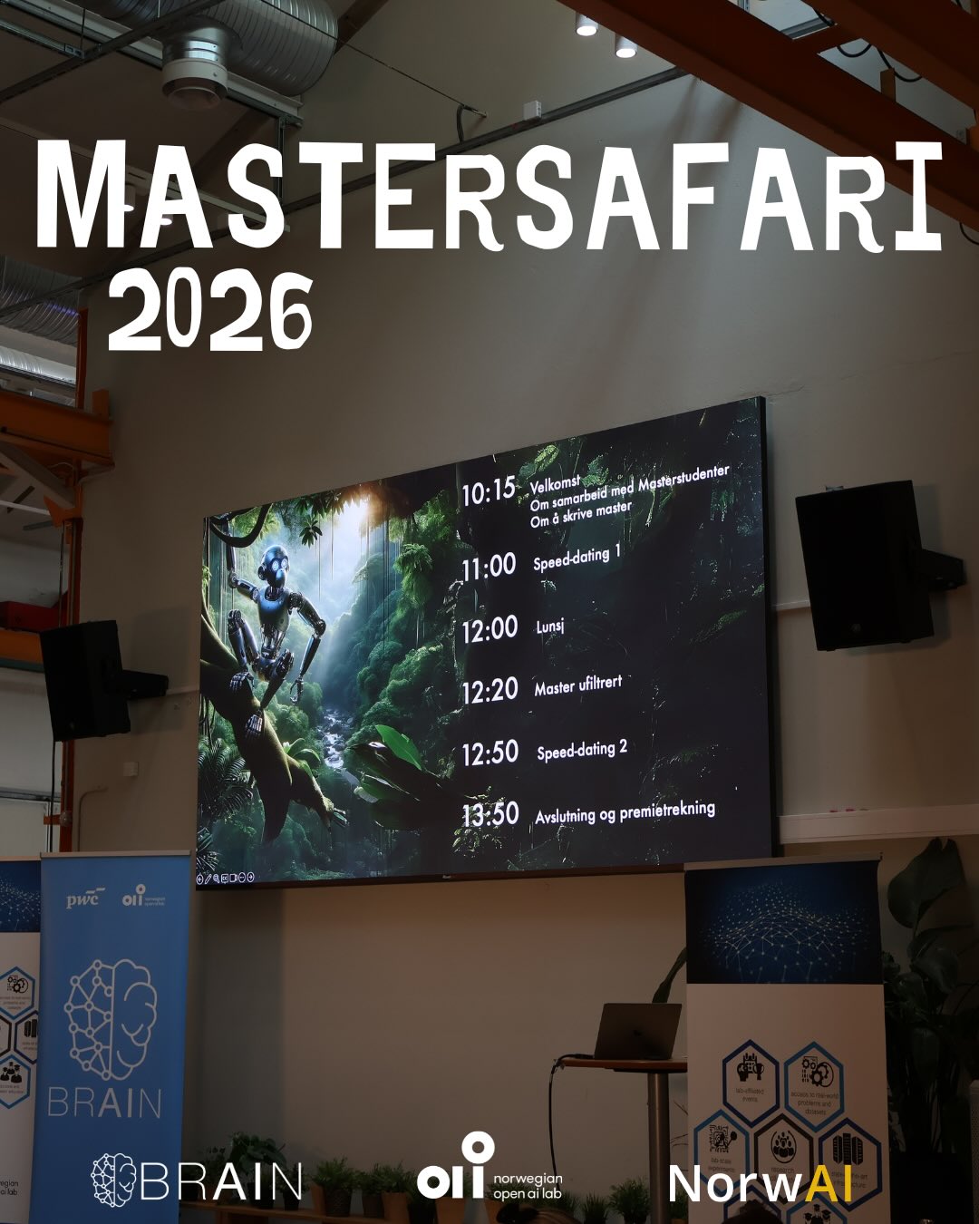 Forrige uke arrangerte vi mastersafari! 💚
På tirsdag samlet vi studenter, veiledere og partnere fra industri og offentlig sektor til mastersafari.🙌 Arrangementet er ment å inspirere studenter som skal skrive en AI-masteroppgave og vise dem hvilke muligheter som finnes.🌟
Med kunstig intelligens som gjennomgående tema fikk deltakerne høre innholdsrike presentasjoner om samspillet mellom student, veileder og industri, erfaringer fra samarbeid om masteroppgaver, og veien til en vellykket masteroppgave.🦾
Gjennom dagen fikk deltakerne møte både fagmiljøer og næringsliv, og diskutere ideer og muligheter for masteroppgaver.🤖Studentene fikk også muligheten til å snakke med veiledere fra NTNU og representanter fra bedrifter, som stilte opp for å diskutere retning og muligheter.
Arrangementet ble gjennomført i samarbeid med Norwegian Open AI Lab og NorwAI, og vi setter stor pris på bidragene deres.
Til slutt vil vi trekke frem prosjektgruppen Mathea Løvendahl Christoffersen og Simen Nordgård Tobiassen for en solid gjennomføring av arrangementet.
Vi setter stor pris på alle som deltok! 🙌 💚