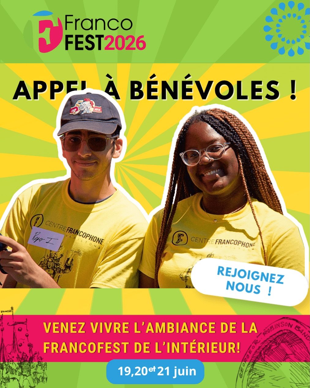 Rejoignez notre équipe de bénévoles et arborez fiÚrement votre T-shirt jaune à la FrancoFEST !
Donnez nous quelques heures de votre temps, participez au rayonnement de notre rendez vous annuel local, rencontrez des gens formidables, et vivez lâenvers du dĂ©cor du festival!
Vous allez adorer lâambiance !
Que vous soyez disponible une journée ou tout le week-end, il y a une place pour vous : accueil, logistique, animation, soutien aux artistes... votre aide fera toute la différence!
âą Lien dâinscription dans le Linkree de notre bio
ou : https://forms.gle/M1uuzZFF43x8DE8w9