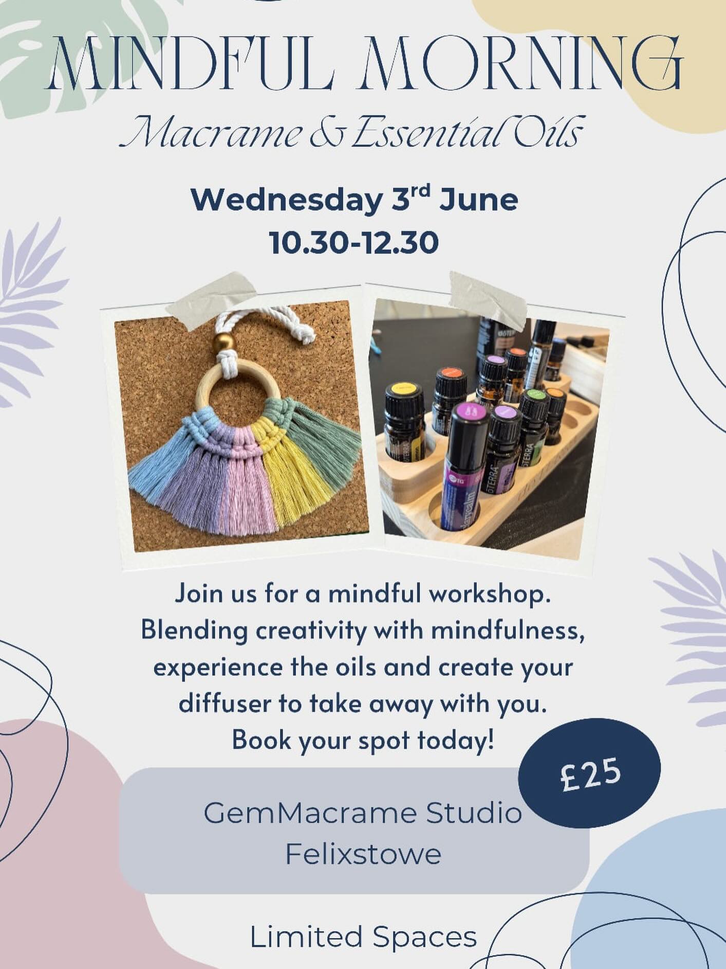 I am so excited for this upcoming workshop in June!
I’ve been a bit rubbish lately at advertising my workshops, but I hope to have lots to offer this coming summer.
First of which is a beautiful collaboration between myself and @millmead.business where we will learn about gorgeous essential oils and pair that with a small beginner friendly macrame project which can be used as an oil diffuser.
I am very new to essential oils myself so I am excited to learn more about it!
If you would like to attend, you can book directly on Paige’s website and I’ll pop a link in my stories.
💛
#mindfulness #millmeadbusiness #gemmacrame #creativeworkshop #mindfulworkshop