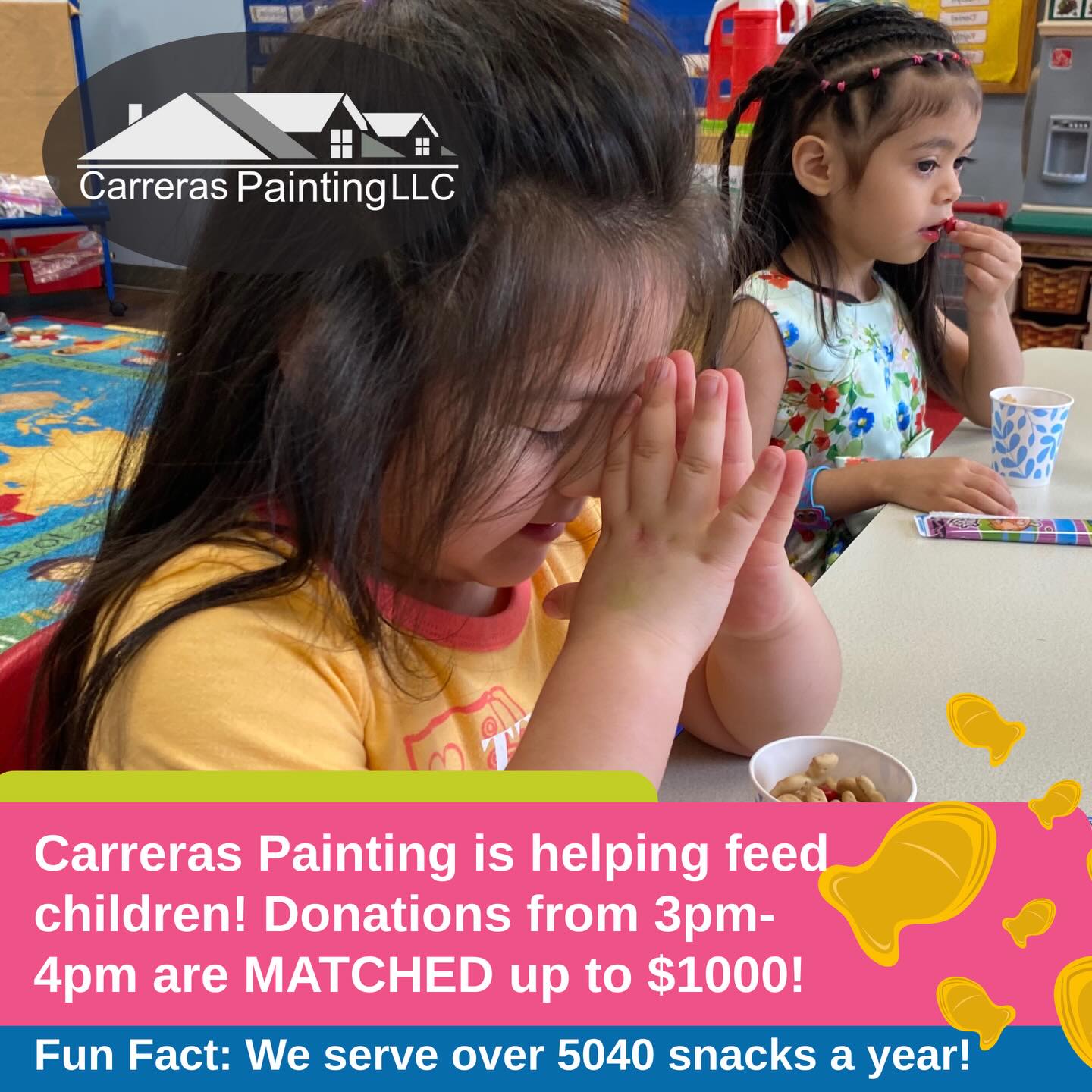 🍎 Afternoon Snack! From 3 to 4 PM, your gift is matched up to $1000 thanks to Carrera‘s painting! Help us keep going to support education, meals, and friendships. GIVE BIG! https://www.giveroanoke.org/organizations/orchard-hills-achievement-center #communitysupport #comunidadlatina #giveroanoke