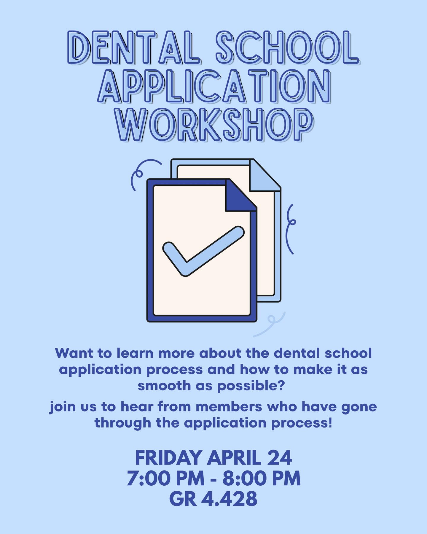 Want to learn more about the dental school application process? Join our Dental Application Workshop to get guidance navigating the process with confidence 😎🦷
📅 Date: Friday, April 24
📍 Location: GR 4.428
⏰ Time: 7-8 PM