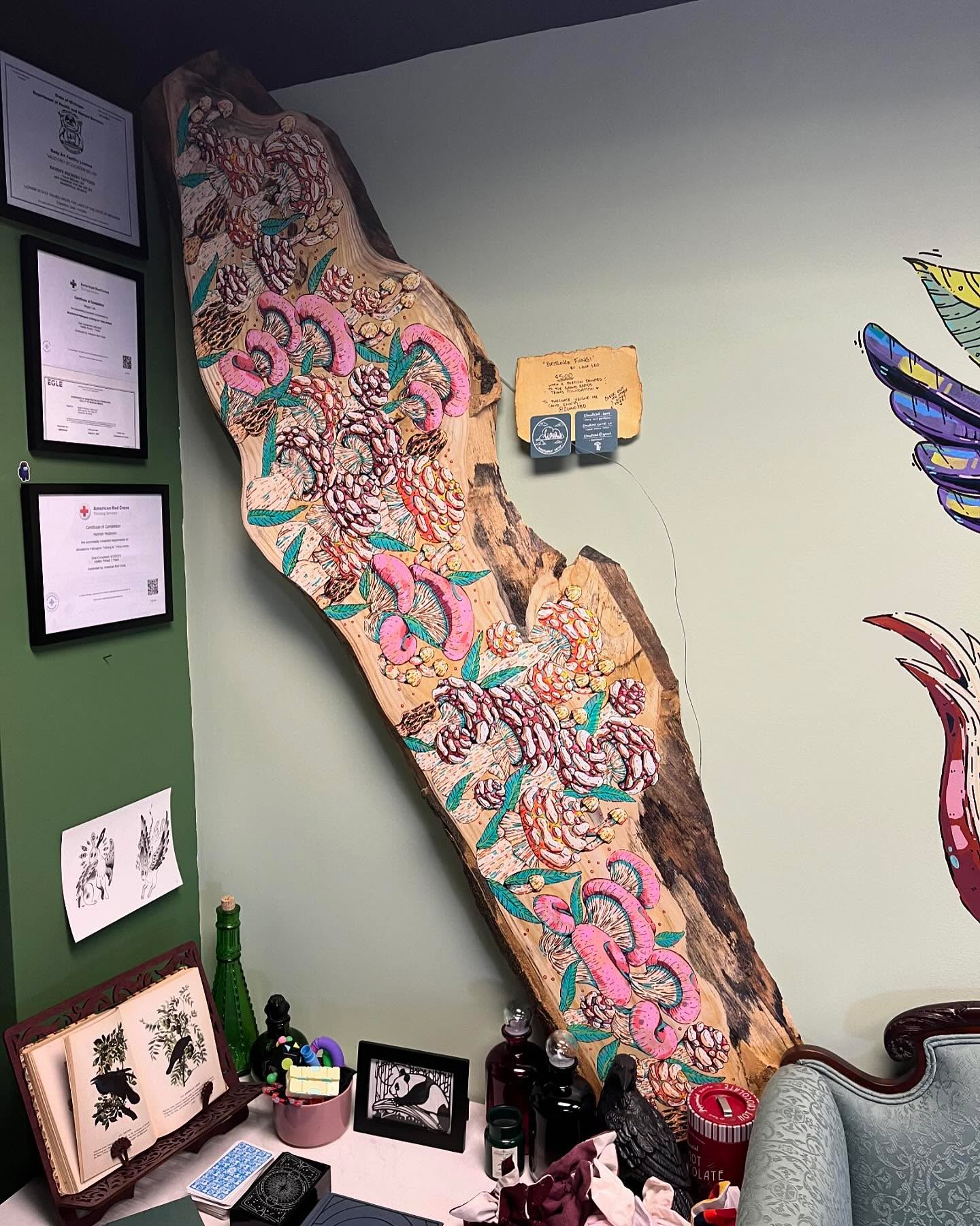 You all know our lovely mural we have in the shop painted by @cloudkbd_art - well now we have this amazing piece on display!!! It is for sale with a portion of it going to the Grand Rapids Trans foundation!
If you haven’t checked out Lanes IG, go take a look! Their stuff is fire and they have so many cool things you can get!
#mushrooms #woodpainting #mushy #localartist