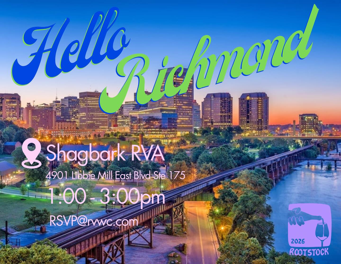 Cue up the Bon Jovi because we are halfway through Rootstock and on our way to Richmond! 🌆
Limited seats are still available for today’s tasting at Shagbark RVA. Email RSVP@rvwc.com to attend.
@shagbarkrva