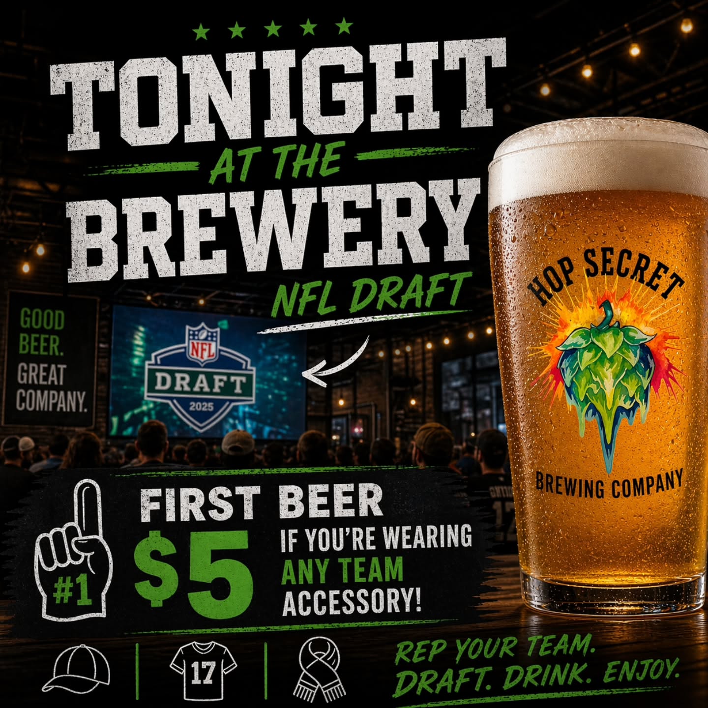 🏈 NFL Draft Night at Hop Secret 🍻
We’ve got the Draft on with sound 🔊 and a little extra incentive to rep your squad…
👕 Wear ANY team gear (hat, jersey, whatever you’ve got)
🍺 Get your first beer for $5
Simple as that.
Pull up, claim your spot, and watch the picks roll in with a cold one in hand.
Draft. Drink. Enjoy.
#HopSecretBrewing #NFLDraft #CraftBeer #Monrovia #DrinkLocal BeerSpecials DraftNight