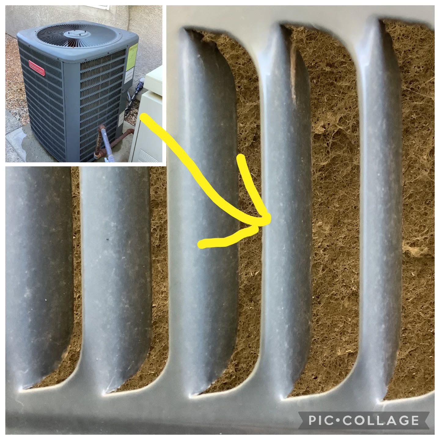 It's time for the defect of the day!! Woot!!!
Heat transfer is an engineering science that affects so much of what we do every day, yet I find that many people lack an understanding of how it truly works. Because of my engineering background, finding defects like these occluded fins on this AC condenser compressor unit comes easy for me. This AC is going to STRUGGLE to keep the 3,000+ sq. ft. home cool during the hot months even though it's a 5-ton unit.
HVAC maintenance is very important. These systems are quite expensive to replace and repair, but a simple annual cleaning and visual check can provide returns on your investment.
The recommendation is cleaning by a qualified HVAC technician.
I hope you enjoyed today's defect of the day!
