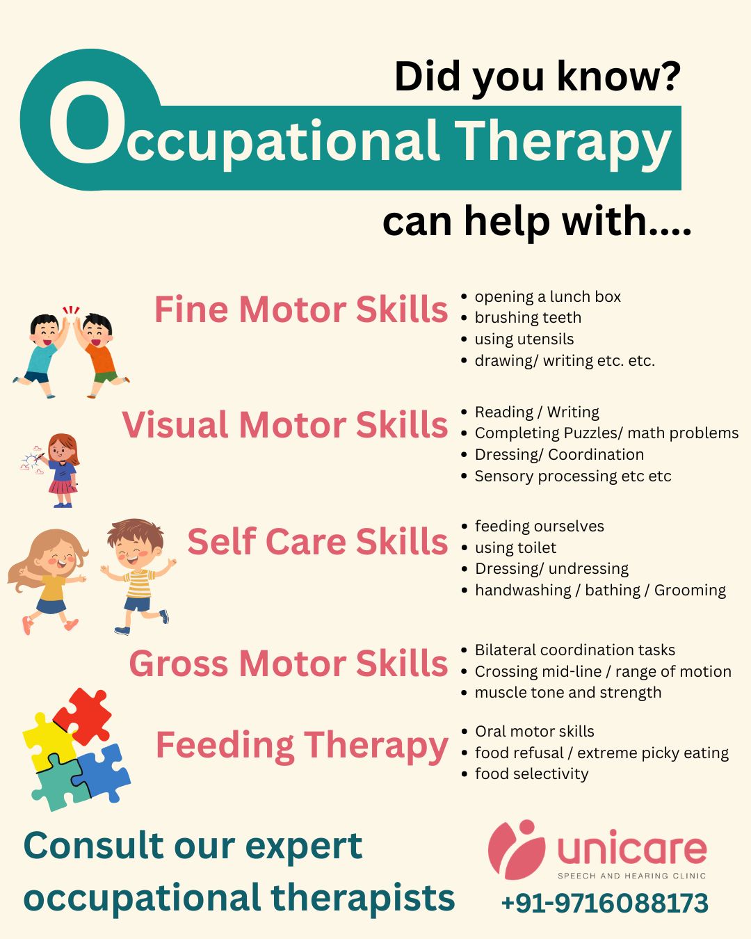 When everyday tasks feel overwhelming, occupational therapy can be the bridge back to independence. At Unicare Speech and Hearing Clinic, our occupational therapists help children and adults build essential life skills—turning daily challenges into wins. Read more about how we support confidence, ability, and growth: https://wix.to/YCWbTMp
#OccupationalTherapy #Rehab #ChildDevelopment #IndependentLiving #unicareshc