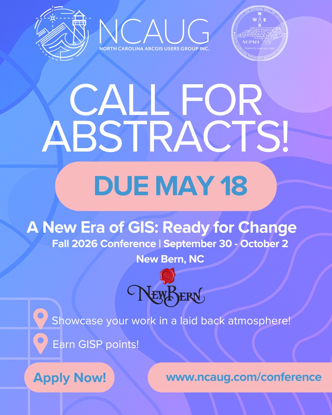 Final reminder, the deadline is coming up quickly! There is still time to submit a presentation abstract for the 2026 NCAUG/NCPMA Fall Conference in New Bern.
Presenting is a great way to share your work, connect with others in the geospatial community, and earn GISP contribution points. We welcome a wide range of GIS topics, including parcel and property mapping, data management, analysis, field applications, web mapping, AI, cartography, transportation, planning, emergency response, and more.
A special thank you to Visit New Bern for partnering with us in support of this yearโs conference. We look forward to see you all in New Bern and learning more your work!
๐๏ธ Conference Dates: September 30 to October 2
๐ฉโ๐ซ Abstract Submission Deadline: May 18
๐ Submit your proposal: www.ncaug.com/conference