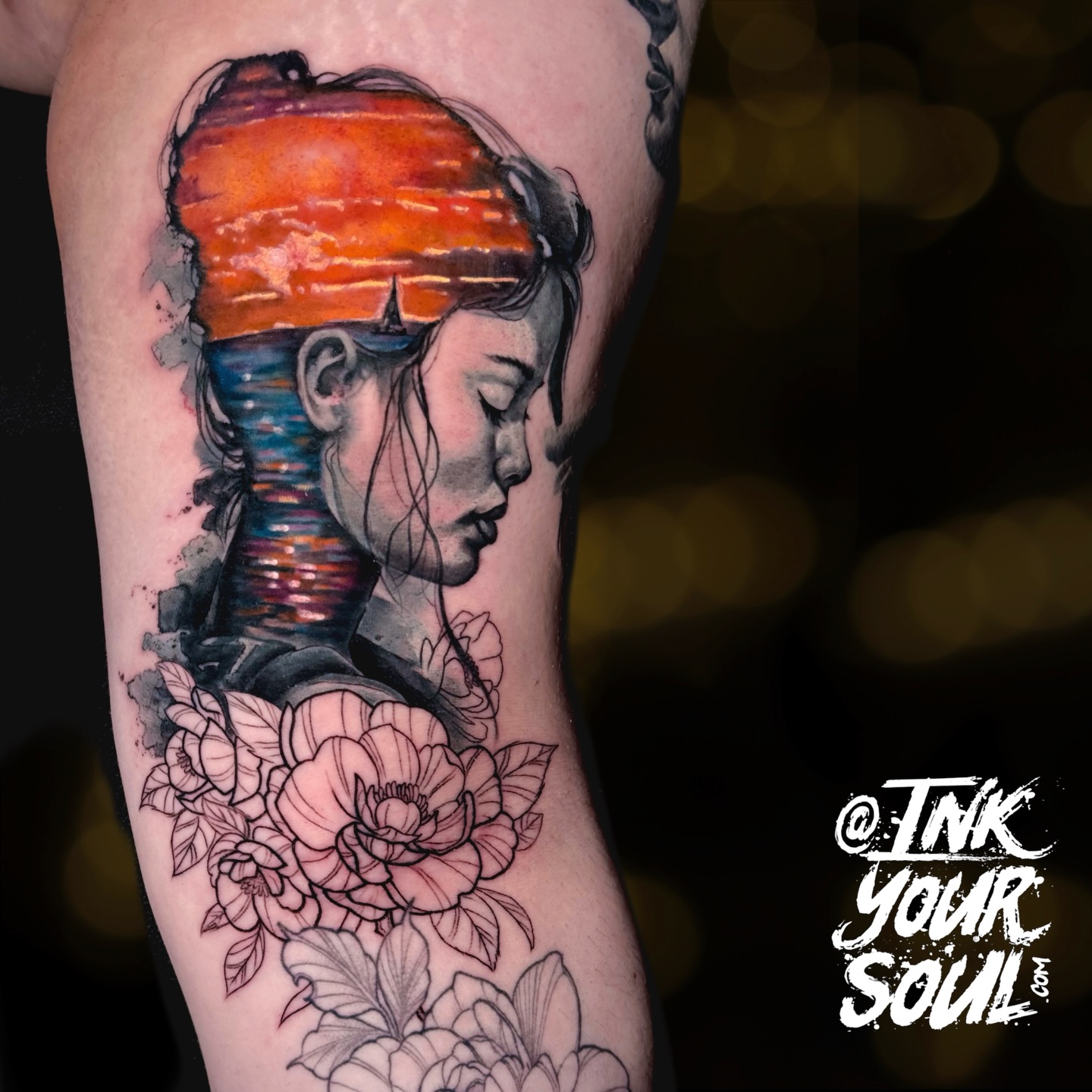 From Edmonton!! Thank you so much for getting this piece. Incredibly fun to merge styles with the tattoo already present on her forearm. @worldfamousink @aurextattooco @inklabtattoomachine @hustlebutterdeluxe #watercolortattoo #edmontontattoo #sunsettattoo #portrait #tattoo