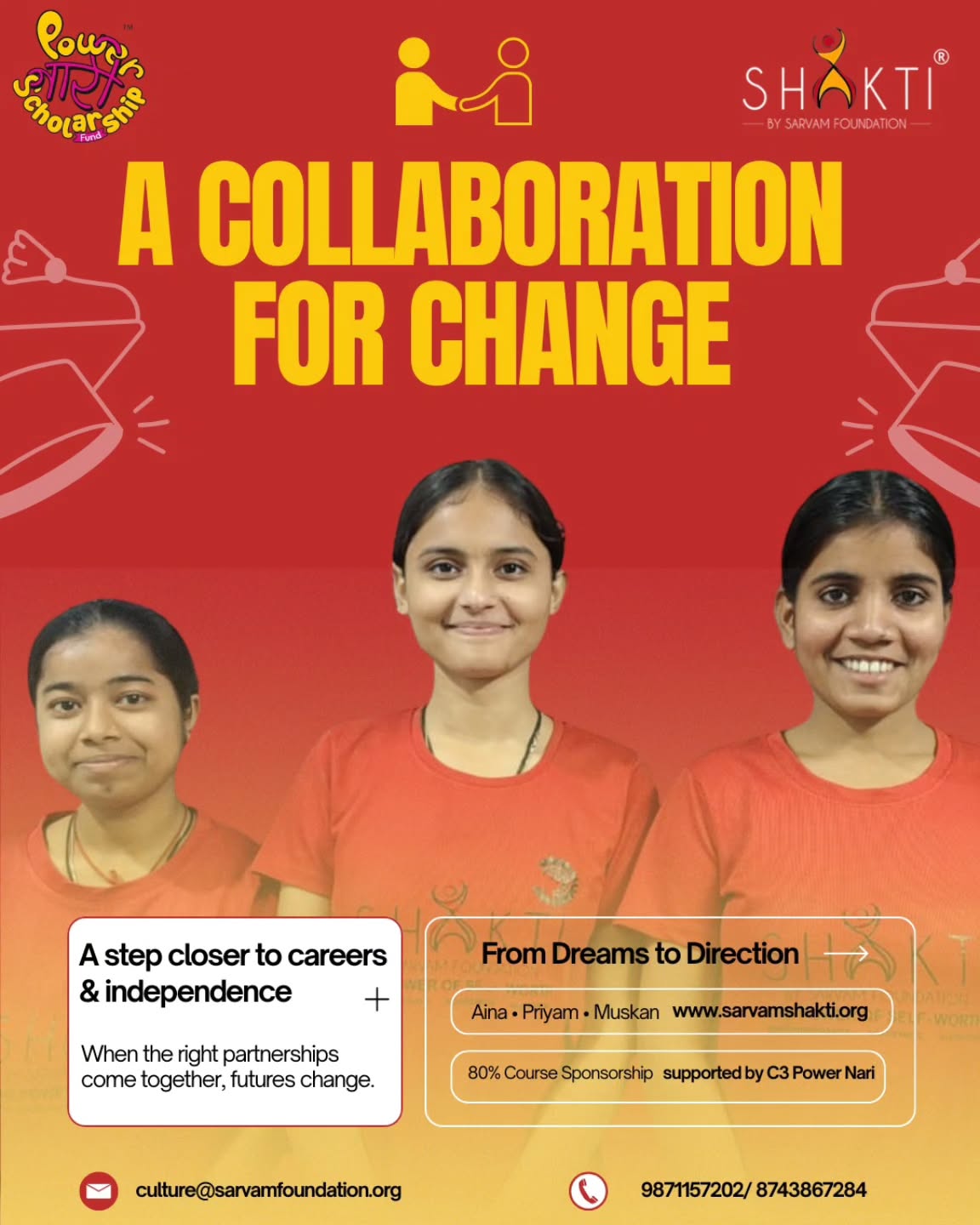 We are incredibly proud to share that Aina, Priyam, and Khushi- Our Shaktis have been selected for an 80% sponsored course supported by C3 Power Nari.
While Aina begins her journey in the beauty and wellness space with VLCC, Priyam and Khushi will be pursuing professional computer courses at Aptech, building skills that will prepare them for the workforce.
This scholarship is a step towards financial independence, confidence, and a future shaped by their own choices & opportunity.
For girls who once had limited access to such opportunities, this is a powerful shift- one that places them on a path towards professional careers with reputed institutions.
At Sarvam, we have always believed in enabling journeys that go beyond learning. And this is just the beginning. ✨
#WomenEmpowerment #GirlPower #Shakti #EmpoweringWomen #EducationForAll