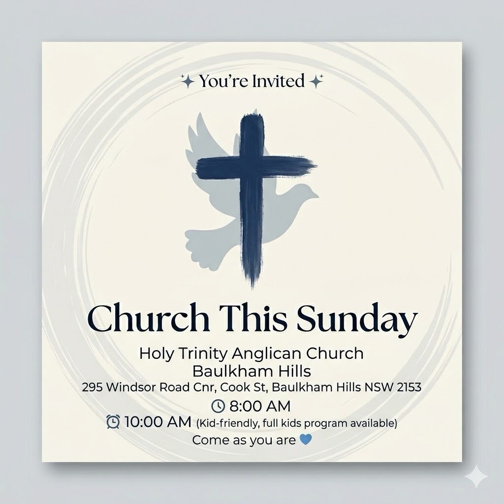 ✨ You’re invited this Sunday! ✨
Join us at Holy Trinity Anglican Church, Baulkham Hills for a welcoming and encouraging time together.
🗓 This Sunday
⏰ 8:00 AM Service
⏰ 10:00 AM Service (Kid-friendly with a full kids program available!)
📍 295 Windsor Road Cnr Cook St, Baulkham Hills NSW 2153
Whether you’ve been coming for years or it’s your first time, come as you are 💙 We’d love to see you there!
#localchurch #sydneychurch #fyp