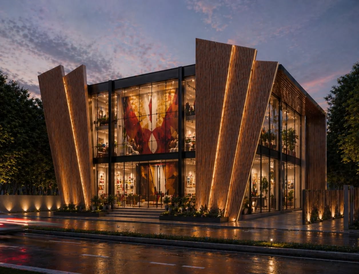 The Spiritual Hillcrest
This project is a curated frame showroom located at the foothills of Tirupati, conceived as a contemporary tribute to Lord Balaji. As the client’s growing collection evolved into a larger retail space, our design responds by elevating both the architectural expression and the spatial experience.
The façade is defined by a bold framing device that encapsulates an abstract mural of Tirupati Balaji. While rooted in cultural symbolism, the composition is interpreted in a contemporary language—designed to stand out within its context and draw the attention of passersby. The elevation establishes a premium identity, reflecting the quality and craftsmanship of the products within.
Internally, the space is organized around this central mural, which serves a dual purpose—perceived as the deity from the exterior, while functioning as the reception anchor within. The layout is modular and flexible, allowing displays to be reconfigured with ease as collections evolve.
Spread across two levels, the showroom differentiates its offerings through spatial and material expression. The upper floor houses more exclusive pieces, complemented by a gold-toned interpretation of the mural’s crown. Double-height volumes and controlled sightlines enhance the sense of scale, creating a memorable and immersive retail experience.
#architecturefacade #facadedesign #showroomdesign #architectureelevation