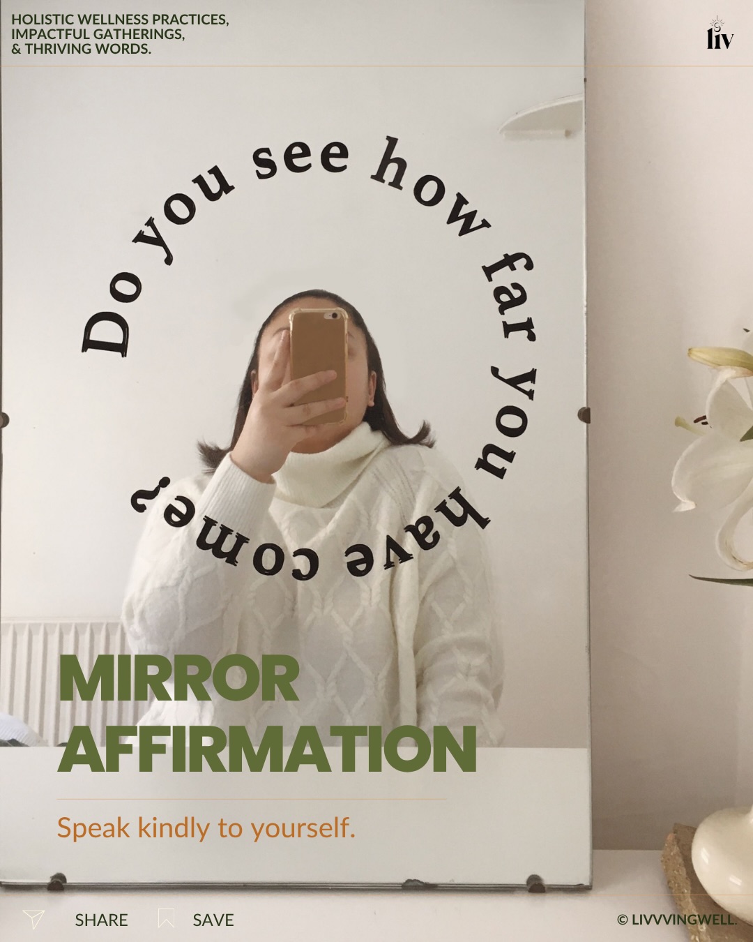 Stand in front of the mirror for one minute and let your words become kinder.
You don’t need to force confidence — just begin with care.
A mirror affirmation is a small way to meet yourself with more softness, more honesty, and a little less judgment.
Speak gently. Listen back.
One minute. One kind voice. One small return to yourself.