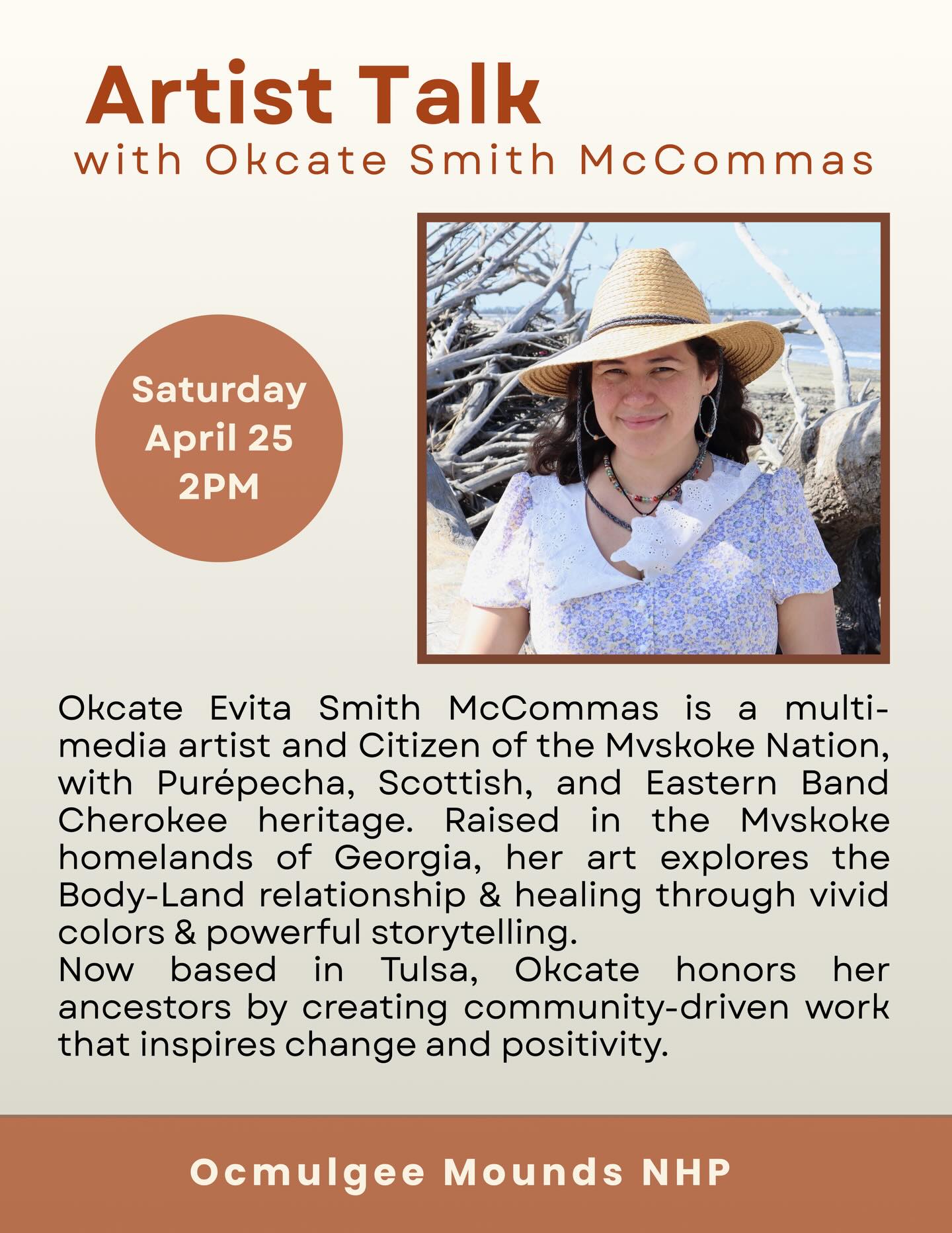 Okcate Smith McCommas is a multi-media artist & Mvskoke Citizen, with Purépecha, Scottish, and Eastern Band Cherokee ancestry. Named “Okcate,” meaning scarlet in Mvskoke, she strives to be as bold as her name.
Raised in the Mvskoke homelands of Georgia, her art reflects her lived experiences, addressing trauma and celebrating the Body-Land connection through vivid colors, textures, poetry and music. Now based in Tulsa, Okcate uses her work to honor her ancestors, promote healing, and inspire change through community-driven art.