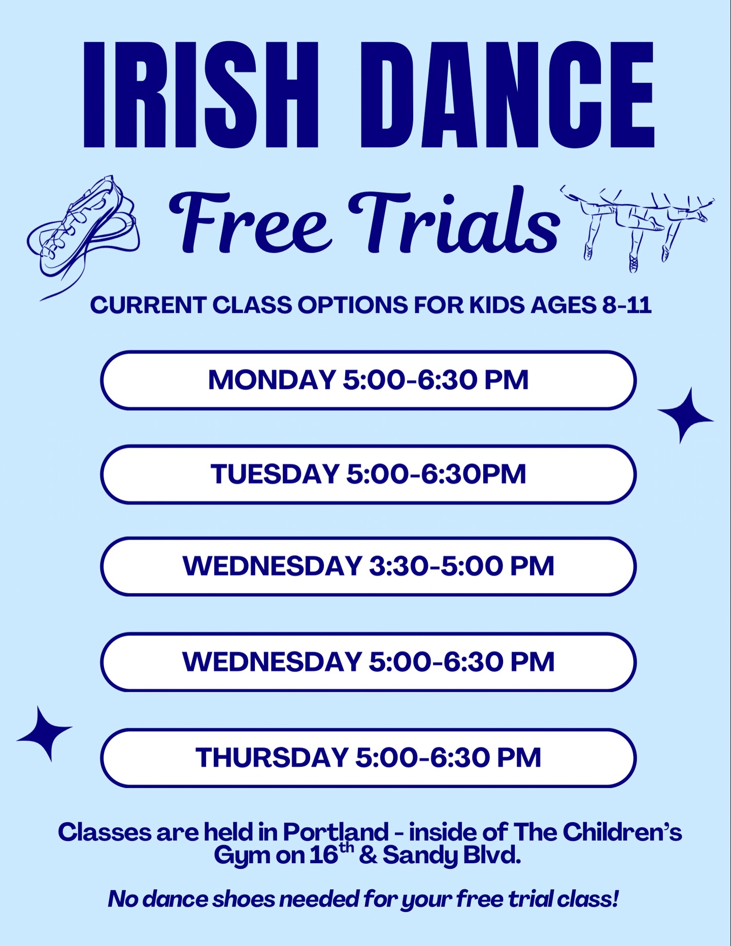 Happening now! Free trial Irish dance classes! ⭐️ No commitment & no dance shoes needed! Just a fun and free opportunity to try out Portland’s non-competitive Irish dancing program 🎉
Classes are held inside @thechildrensgym at 16th and Sandy Blvd 📍
RSVP online at www.oregonirishdance.com ✅
#danceclass #pdxparent #pdx #portlandor #laurelhurst