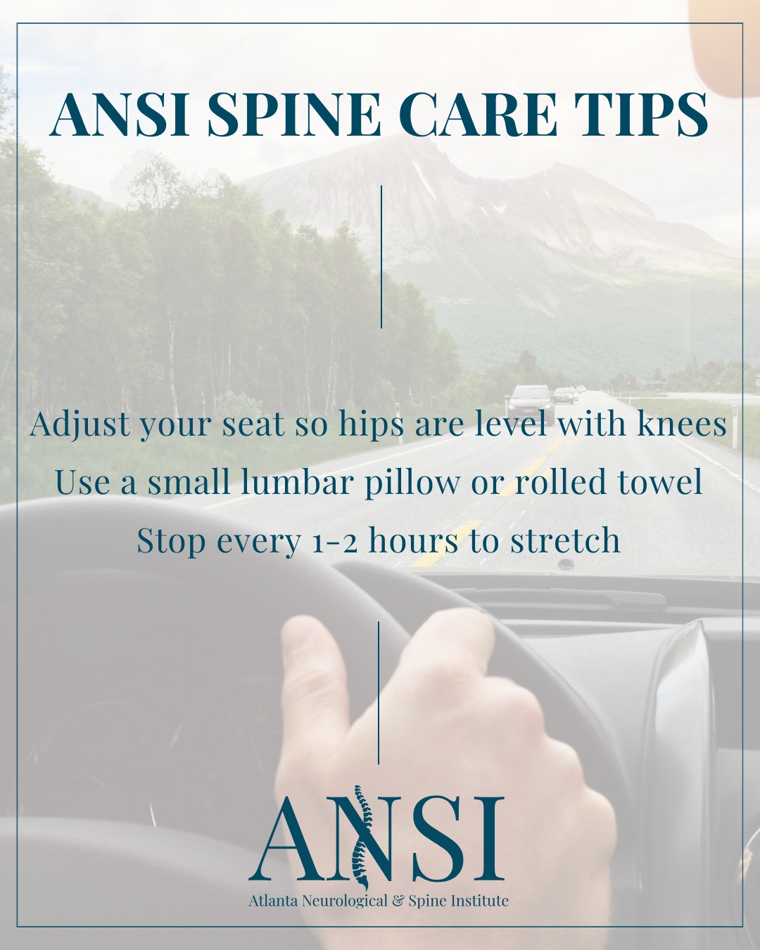 Long drives can take a toll on your spine.
Before hitting the road:
✔ Adjust your seat so hips are level with knees
✔ Use a small lumbar pillow or rolled towel
✔ Stop every 1–2 hours to stretch
A few adjustments can prevent hours of stiffness later.
.
.
.
#ANSI #AtlantaSpineExperts