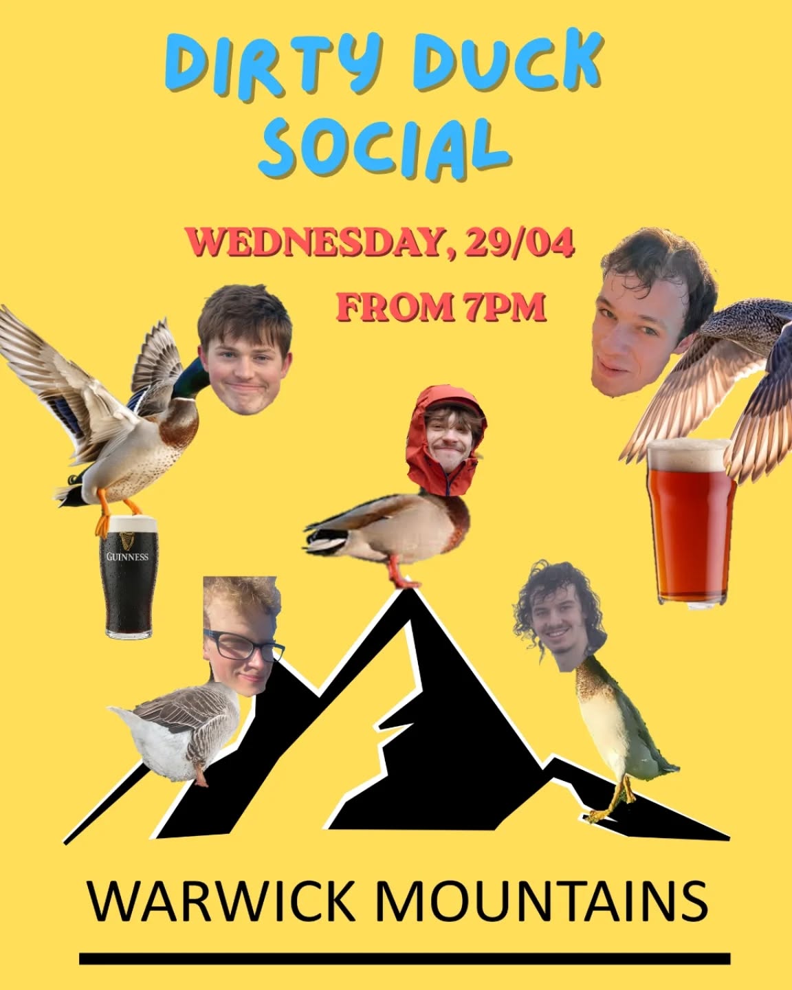 Wednesday week 1 (29/04). Procrastinate exams by coming along to a relaxed social in the dirty duck. Starts from 7pm.