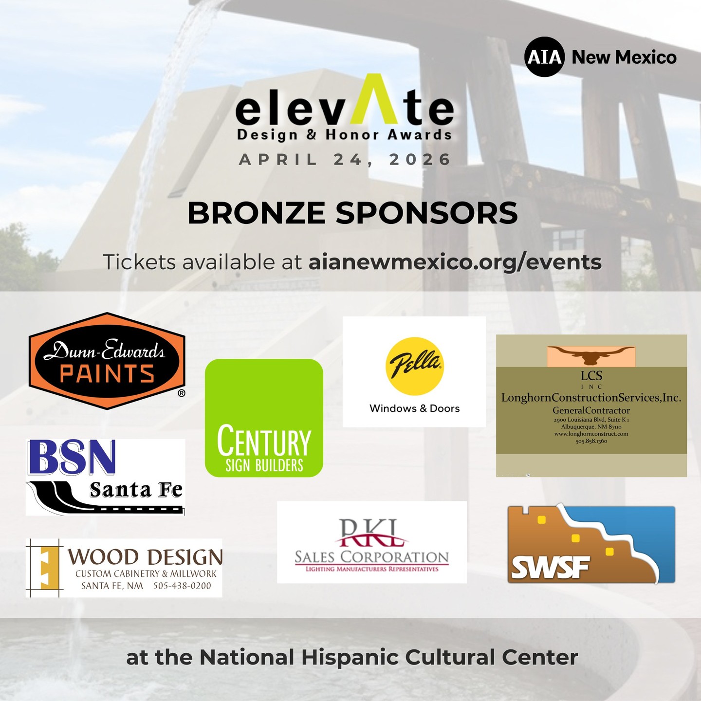 Thank you to your elevAte 2026 BRONZE Sponsors! Come thank them for their support at the Party TONIGHT! Friday, April 24th. Get your Party tickets at aianewmexico.org/events.
➡️ Dunn Edwards Paints @dunnedwards
➡️ BSN Santa Fe Enterprises @bsn.santafe.engineering
➡️ Wood Design
➡️ Century Sign Builders @centurysignbuilders
➡️ RKL Sales Corporation @rkl_sales_corporation
➡️ Pella Windows & Doors @pellawindows
➡️ Longhorn Construction
➡️ Southwest Spray Foam @southwestspray
#awards #leadership #aia #newmexico #design #architecture #design #construction #engineering #aecindustry #aec