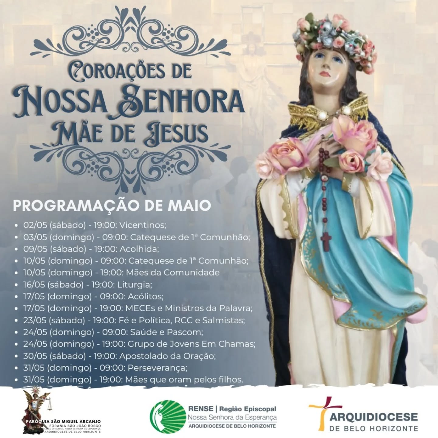 💙 Maio é mês de Maria! 💙
Com grande alegria, convidamos toda a comunidade para viver conosco este tempo especial de fé, oração e devoção nos Corações de Nossa Senhora, Mãe de Jesus. Durante todo o mês de maio teremos uma programação preparada com carinho, reunindo celebrações, encontros e momentos de espiritualidade para toda a família. Sob o olhar materno de Maria, queremos renovar nossa esperança, fortalecer nossa caminhada cristã e crescer no amor a Deus.
Venha participar conosco, traga sua família e seus amigos, e faça parte deste momento de graça e bênçãos em nossa comunidade. Aproveite também para procurar uma pastoral, para bem participar da vida da Igreja, servir com alegria e caminhar ainda mais perto de Cristo. Maria nos chama à união, à oração e ao compromisso com o Reino de Deus. Esperamos por você! 🌹🤍