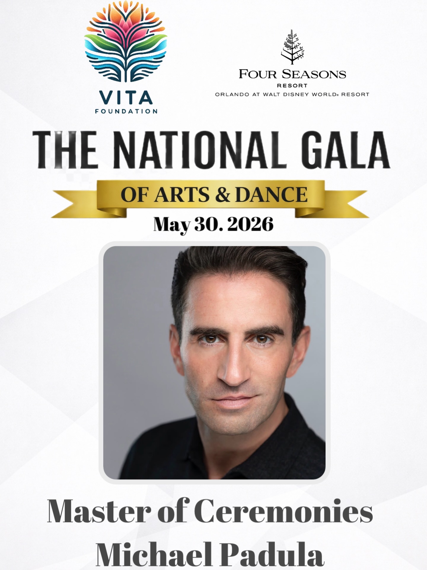 Meet Michael Padula — one of the Masters of Ceremonies for The National Gala of Arts & Dance.
📍 Four Seasons Resort Orlando
📅 May 30, 2026
✨ More exciting announcements coming soon. #NationalGalaOfArtsAndDance
#VitaFoundation
#RhythmChampions
#BallroomDance
#OrlandoEvents