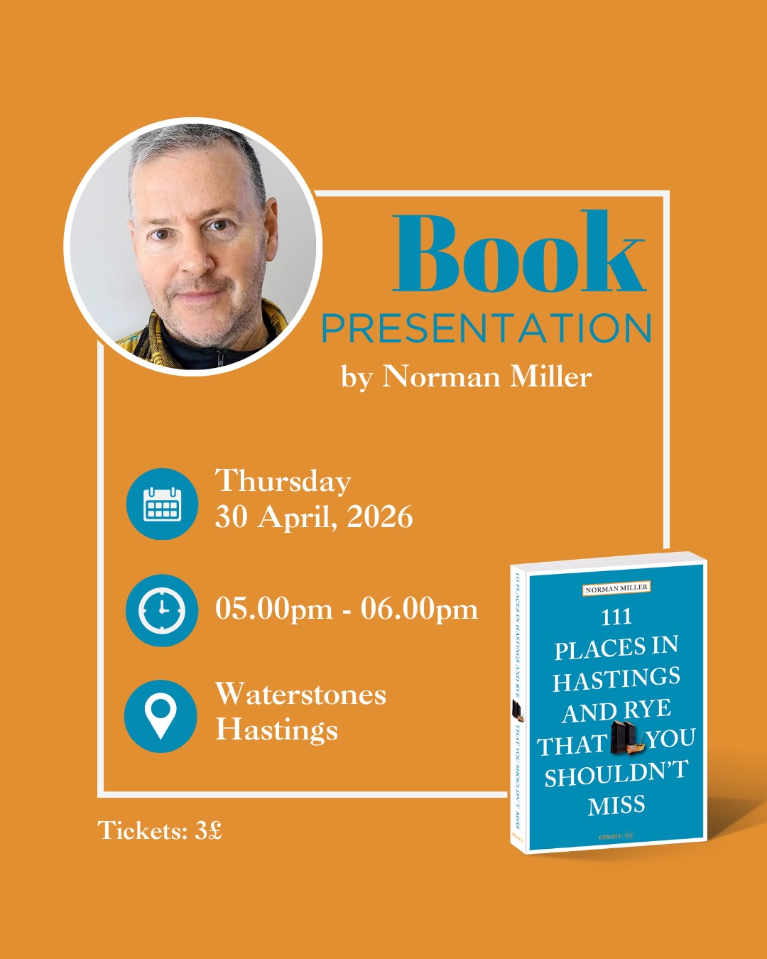 An evening with the author behind one of the newest local discoveries 📖✨
Join Norman Miller as he presents his recently published guide 111 Places in Hastings and Rye That You Shouldn’t Miss – a fresh take on the region, filled with hidden gems, fascinating stories and unexpected details.
📍 Waterstones Hastings
🗓 Thursday, 30 April 2026
⏰ 5.00–6.00 pm
🎟 Tickets: £3
Curious to see Hastings & Rye from a completely new perspective? Grab your ticket and be part of it! 👀
#HastingsEvents #NewRelease #AuthorEvent #bookevent