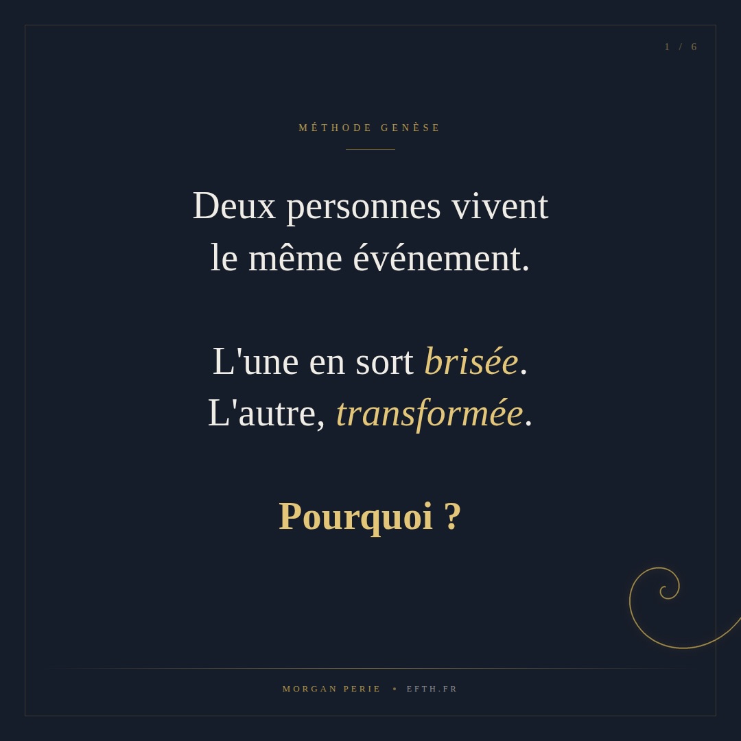 Deux personnes vivent le même événement. L’une en sort brisée. L’autre, transformée.
Pourquoi ?
On a longtemps cherché la réponse dans l’événement lui-même. Sa gravité. Son intensité. Sa durée.
Mais deux enfants peuvent grandir dans la même famille, vivre les mêmes situations, et construire deux vies radicalement différentes.
Ce n’est pas l’événement qui décide. C’est ce qu’on en fait.
C’est le cœur du constructivisme, l’un des trois piliers de la Méthode Genèse.
Il existe une réalité de premier ordre — ce qui arrive, les faits, le monde tel qu’il est.
Et une réalité de second ordre — le sens qu’on lui donne, la façon dont on l’intègre, ce qu’on décide que ça dit de nous.
La réalité s’impose. Le sens qu’on lui donne, lui, nous appartient.
En accompagnement, ce n’est donc presque jamais l’événement qu’on traite. C’est la construction que la personne en a faite. Les croyances qu’elle en a tirées. Les décisions inconscientes qu’elle a prises pour se protéger.
Et ces constructions-là peuvent être défaites. Reconstruites. Autrement.
C’est précisément là que l’hypnose devient un outil puissant : elle permet d’accéder à ces constructions profondes, là où elles se sont formées, pour les transformer à la racine.
Pas en surface. À l’origine.
Et vous, quel événement de votre histoire auriez-vous pu construire autrement ?
📖 Méthode Genèse — L’hypnose qui reconnecte à l’origine
Disponible sur Amazon · 🔗 lien en bio
Morgan Perie · Hypnothérapeute · Fondateur de l’EFTH
#Hypnose #MéthodeGenèse #Constructivisme #Hypnothérapie #formationhypnose