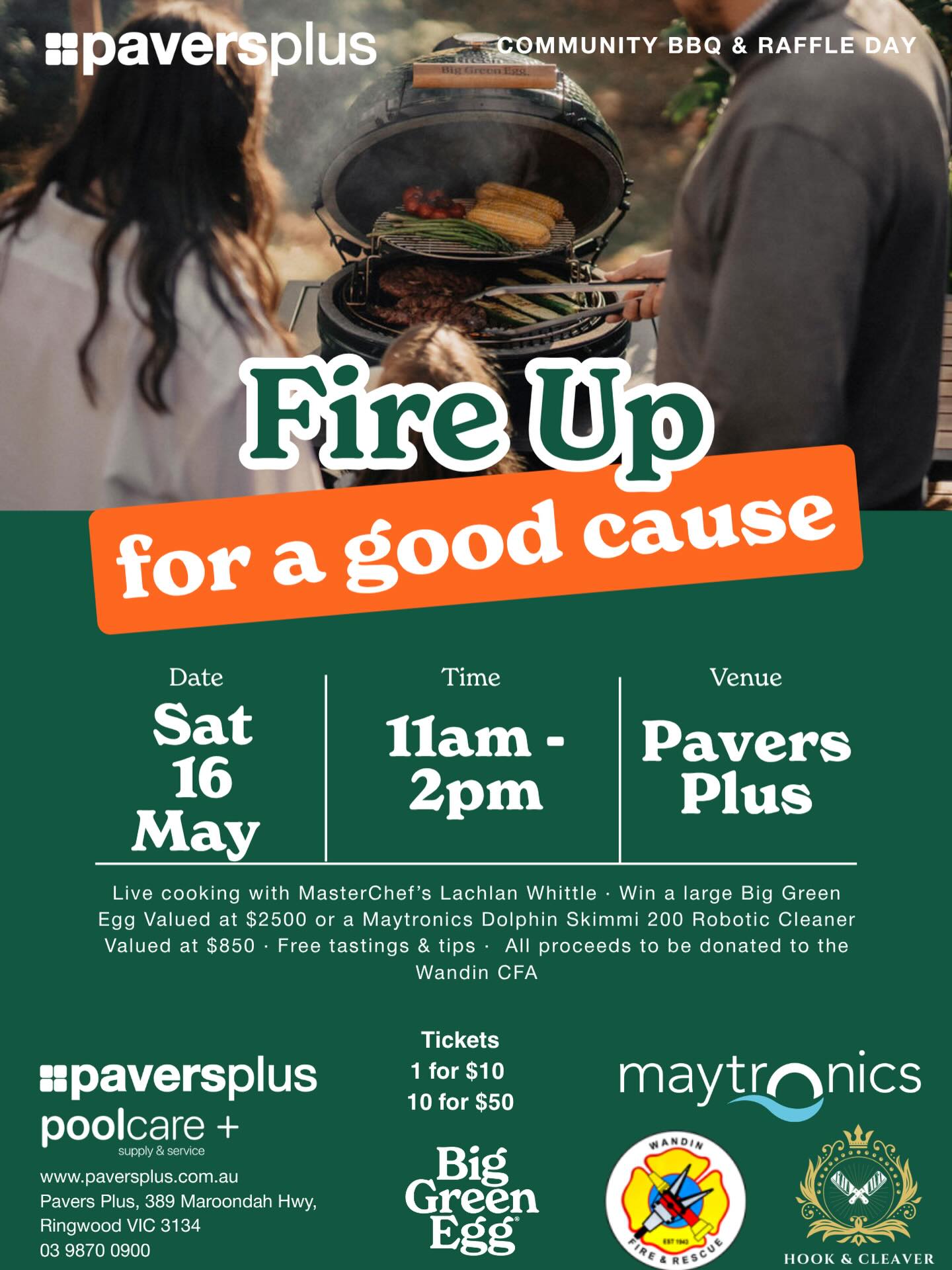 Come down and check out live cooking with MasteChef’s Lachlan Whittle on the Big Green Egg. Free tastings & tips.
Grab a raffle ticket to go in the draw to win a Large Green Egg valued at $2,500 or a Maytronics Dolphin Skimming 200 Robotic Cleaner Valued at $850