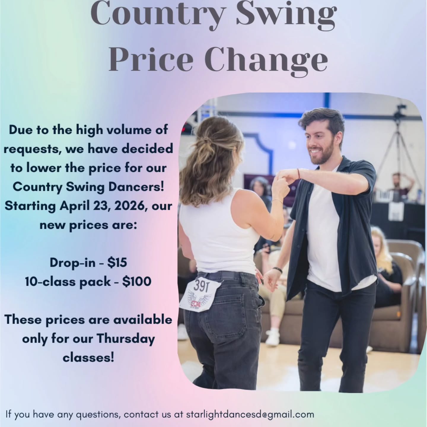 Due to the high volume of requests, we have decided to lower the price for our Country Swing Dancers!
Starting April 23, 2026, our new prices are:
Drop-in - $15
10-class pack - $100
These prices are available only for our Thursday classes!