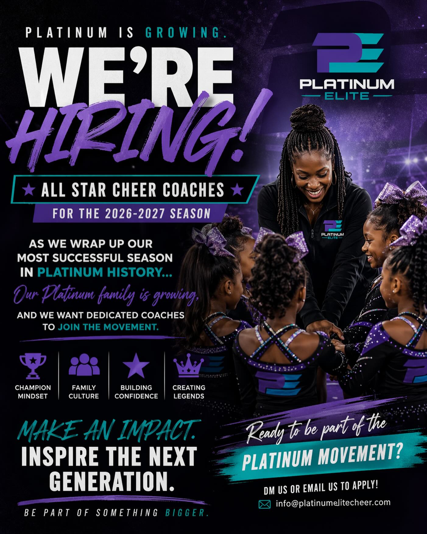 PLATINUM IS GROWING 💜✨
As we wrap up the most successful season in Platinum history, we are not slowing down, we are leveling up.
Our Platinum family is expanding and we are looking for passionate, dedicated All Star Cheer coaches to join us for the 2026 to 2027 season.
This is more than coaching.
This is building confidence.
This is creating leaders.
This is being part of something bigger.
If you are ready to make an impact, inspire the next generation, and be part of a championship culture, we want YOU.
Let’s build the future together 💪🏽
📩 DM us or email to apply
#PlatinumElite #AllStarCheer #CheerCoaches #NowHiring #CheerLife BuildChampions JoinTheMovement CheerFamily LevelUp