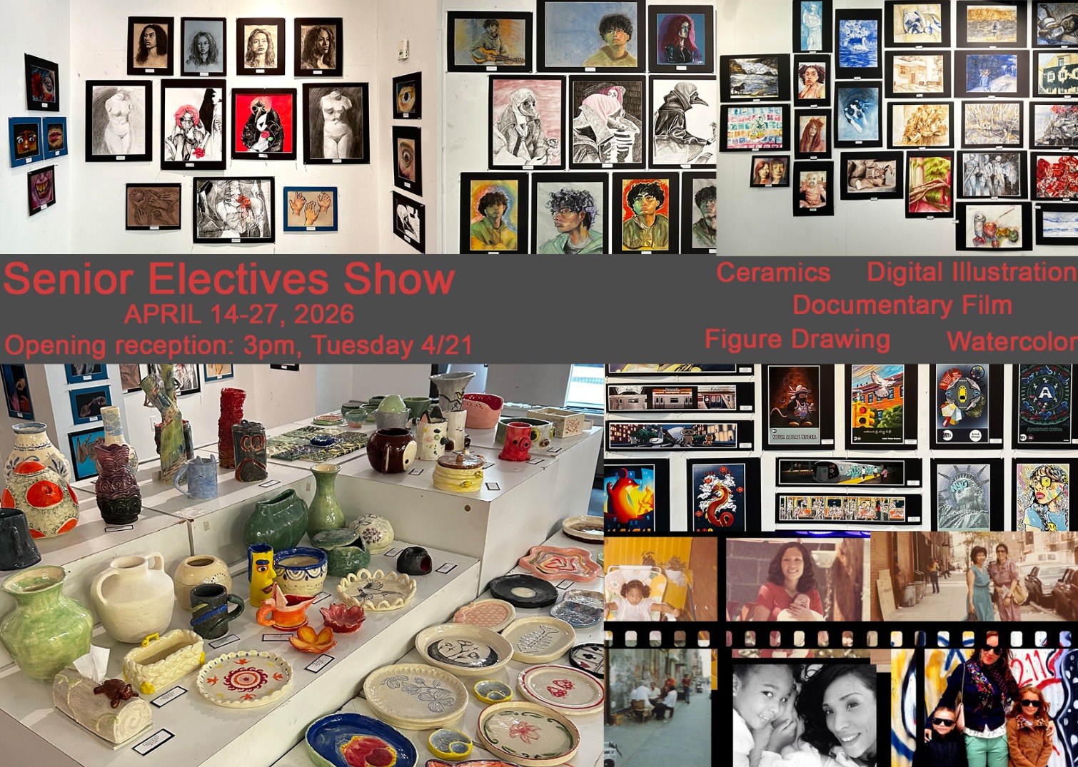Hello Art & Design Community,
Please join us for the Electives Show Opening on Tuesday, April 21st, from 3 - 5 pm in the Kenny Gallery.
Students from Ceramics, Figure Drawing, Watercolor, Digital Illustration, Documentary, and Film will be showcasing their work.
The show will be running until April 27th.
We hope to see you there!