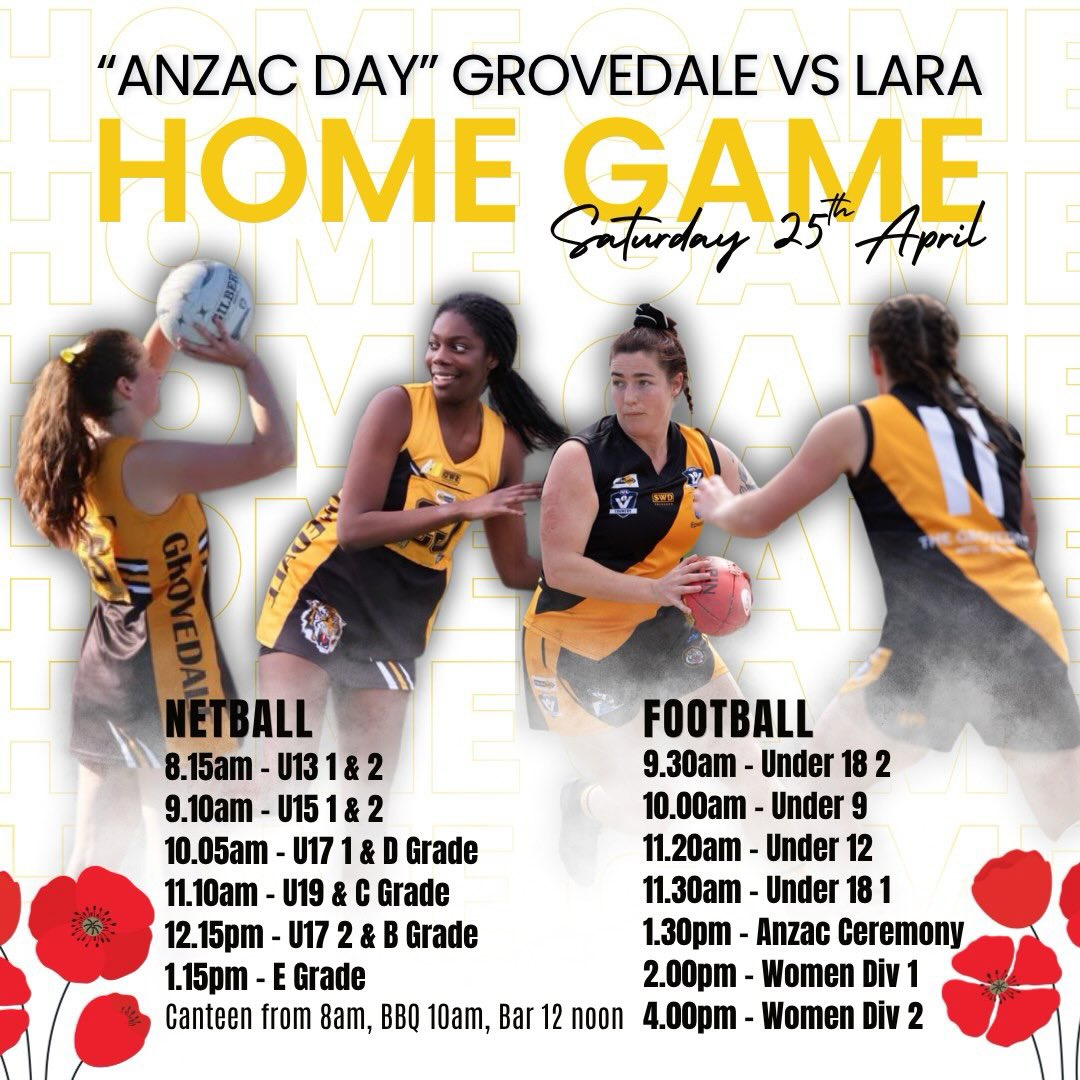 We are at home again this Saturday against Lara. A Grade netball and both Senior Menโs football teams have a bye, but thereโs still plenty of football and netball to enjoy.
Game times have been adjusted for the day, so please check the schedule so you donโt miss a moment of the action!
There will be an ANZAC Day tribute held after the U18 football on the main oval. We invite all players, families and supporters to join us in commemorating ANZAC Day, to pay our respects and to honour those who have served and sacrificed for our country.
Lest we forget๐๐ค