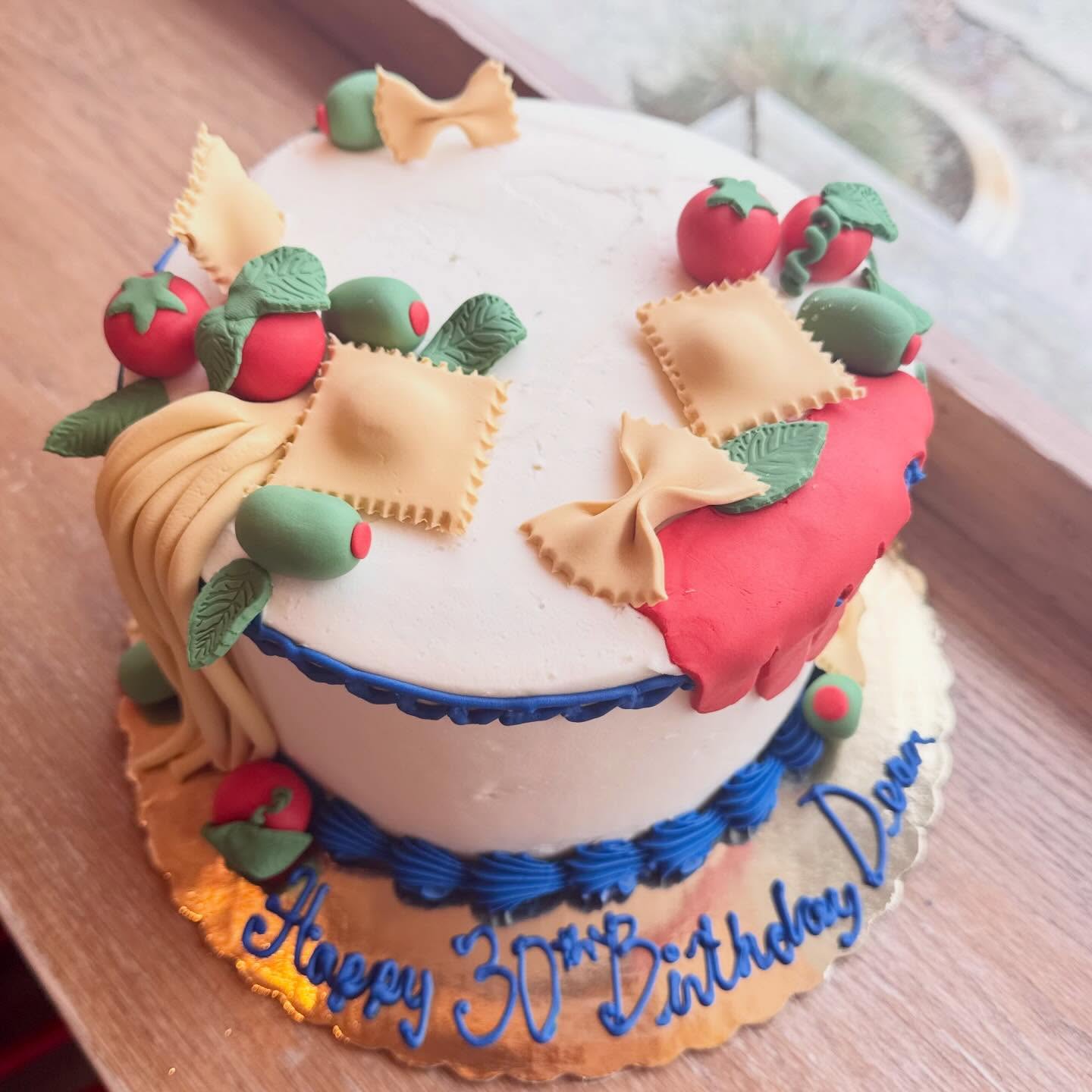 Happy 30th Birthday, Dean! We hope the year ahead is filled with amazing pasta-bilities! #rockawaysoriginal #customcakes www.fatcardinalprovisions.com/custom-cakes