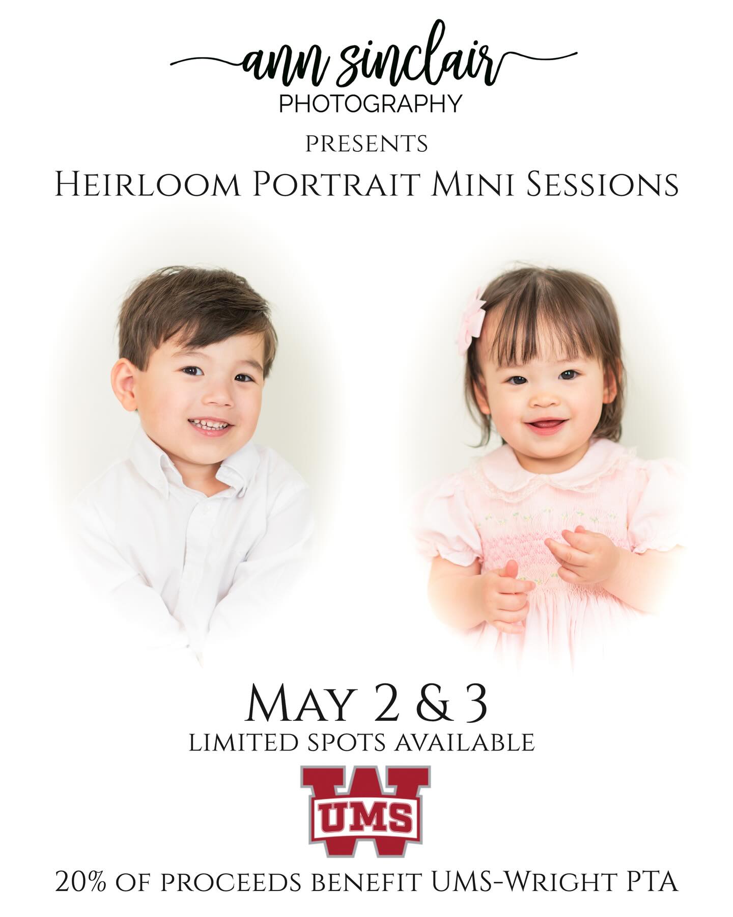 A few sessions remain for this weekend’s event…go to the link on @annsinclairphoto to book a time!
K3 parent, Ann Sinclair, is offering 20% of her May 2-3 heirloom photography sessions to the UMS-Wright PTA. To book a session visit https://book.usesession.com/s/6N07xzM9Tq
Thanks so much @annsinclairphoto for providing this special opportunity to capture memories while supporting the mission of the PTA!