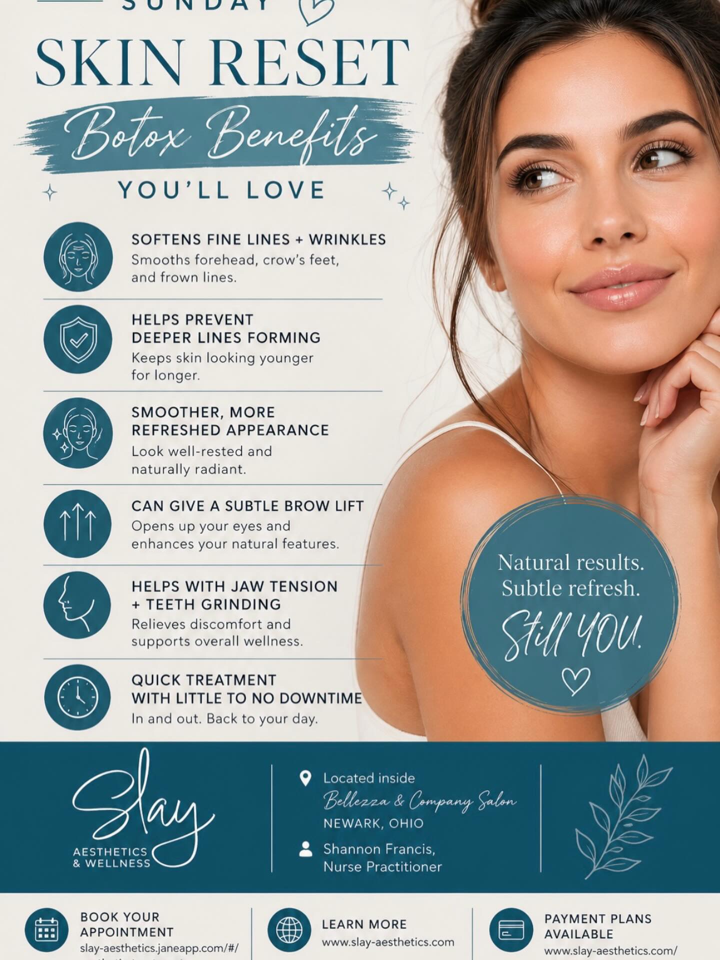 Sundays are for a little reset ✨
Botox is one of the easiest ways to maintain a smooth, refreshed look without changing your natural features. It’s not about looking “done”… it’s about looking well-rested and confident in your skin.
If you’ve been thinking about starting, this is your sign 🤍 #aesthetic #newarkohio #skinrejuvenation #botox
📍 Located inside Bellezza & Company Salon
👩⚕️ Shannon Francis, Nurse Practitioner
Book here:
https://slay-aesthetics.janeapp.com//aesthetic-treatments
Learn more:
https://www.slay-aesthetics.com/
Payment plans available:
https://www.slay-aesthetics.com/payment-plans