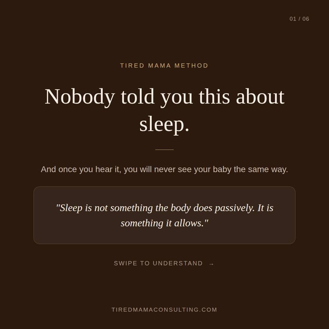 Nobody told you this about sleep. And once you hear it, you will never see your baby the same way.
Sleep is not something the body does passively. It is something it allows.
Before your baby's brain permits the body to become unconscious, it runs a survival checklist. Temperature-am I warm enough?
Proximity- is my safe person here?
Threat level- is there any danger in my environment?
Hunger- do I have enough fuel to survive?
Every single time.
This is why your baby will only sleep on your chest. Not because you created a bad habit. Because their nervous system is doing exactly what evolution designed it to do- seeking the cue that makes sleep feel safe enough to allow.
Understanding this does not mean you cannot work toward independent sleep. It means you finally understand what you are actually working with. And why gentleness is not just kind- it is biological.
Swipe for the full picture.
We are registered social workers who specialize in perinatal family wellness and sleep. Attachment-informed. Science-based. Always in your corner.
Link in bio. DMs open.