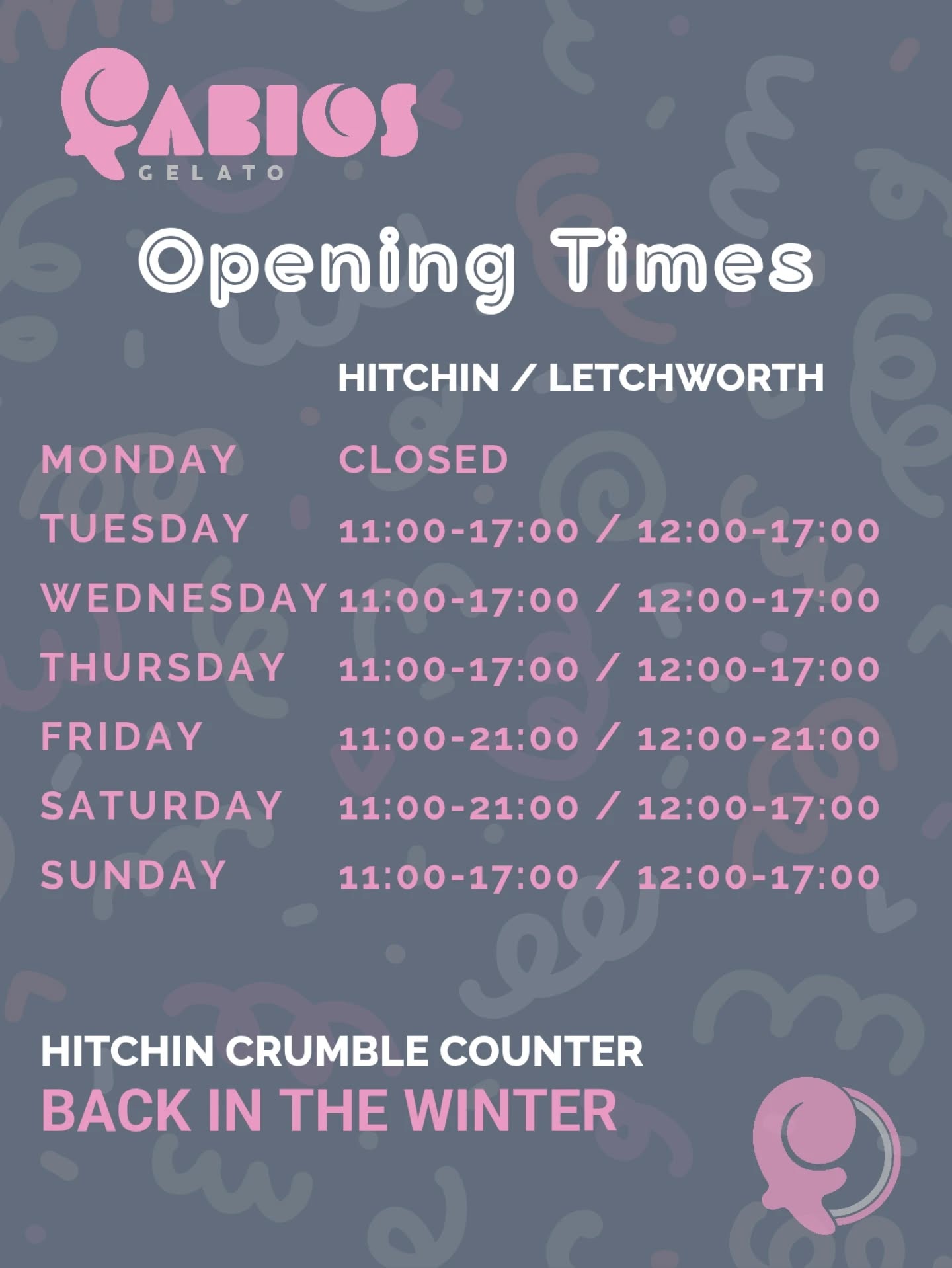 New summer opening hours. Goodbye crumble counter.