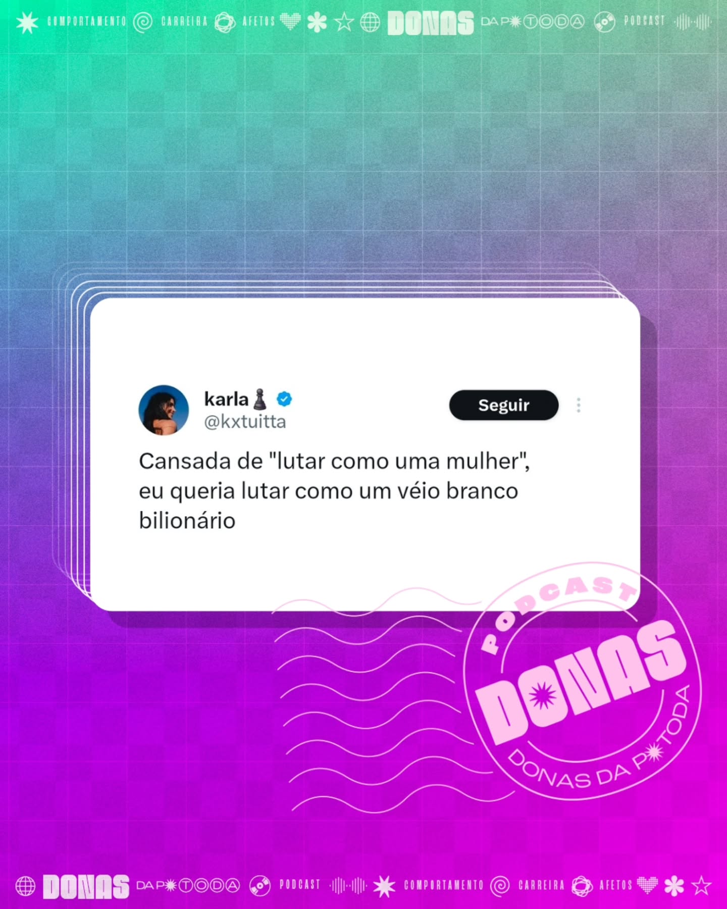 Segunda-feira, 27 de abril de 2026. Prontas para mais uma semana e mais uma curadoria de tweets?
Nesta terça tem episódio novo no ar. Aproveita para seguir o Donas e avaliar com 5 estrelas no Spotify e na Apple Podcasts.
Contribua com a nossa campanha de financiamento coletivo em apoia.se/donasdaptoda e receba conteúdos exclusivos, brindes e muito mais
#donasdaptoda #podcasts #mulherespodcasters
