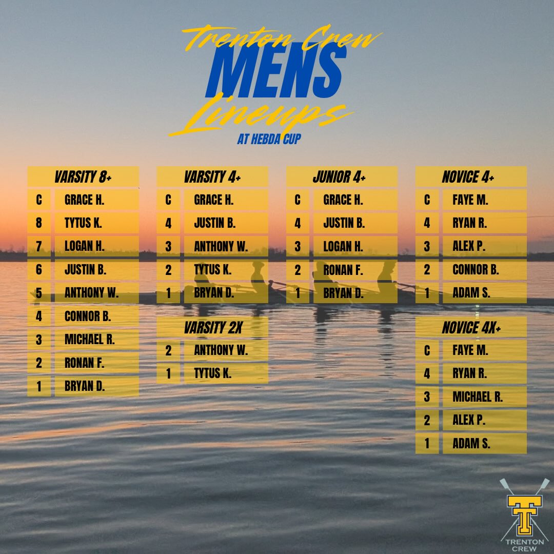 Hebda Cup lineups. 🚣♂️ Tomorrow racing begins at 8am on the Detroit River. Come and support Trojan Crew at the first of two local regattas this season! 💙💛
#rowing #trentoncrew #regatta