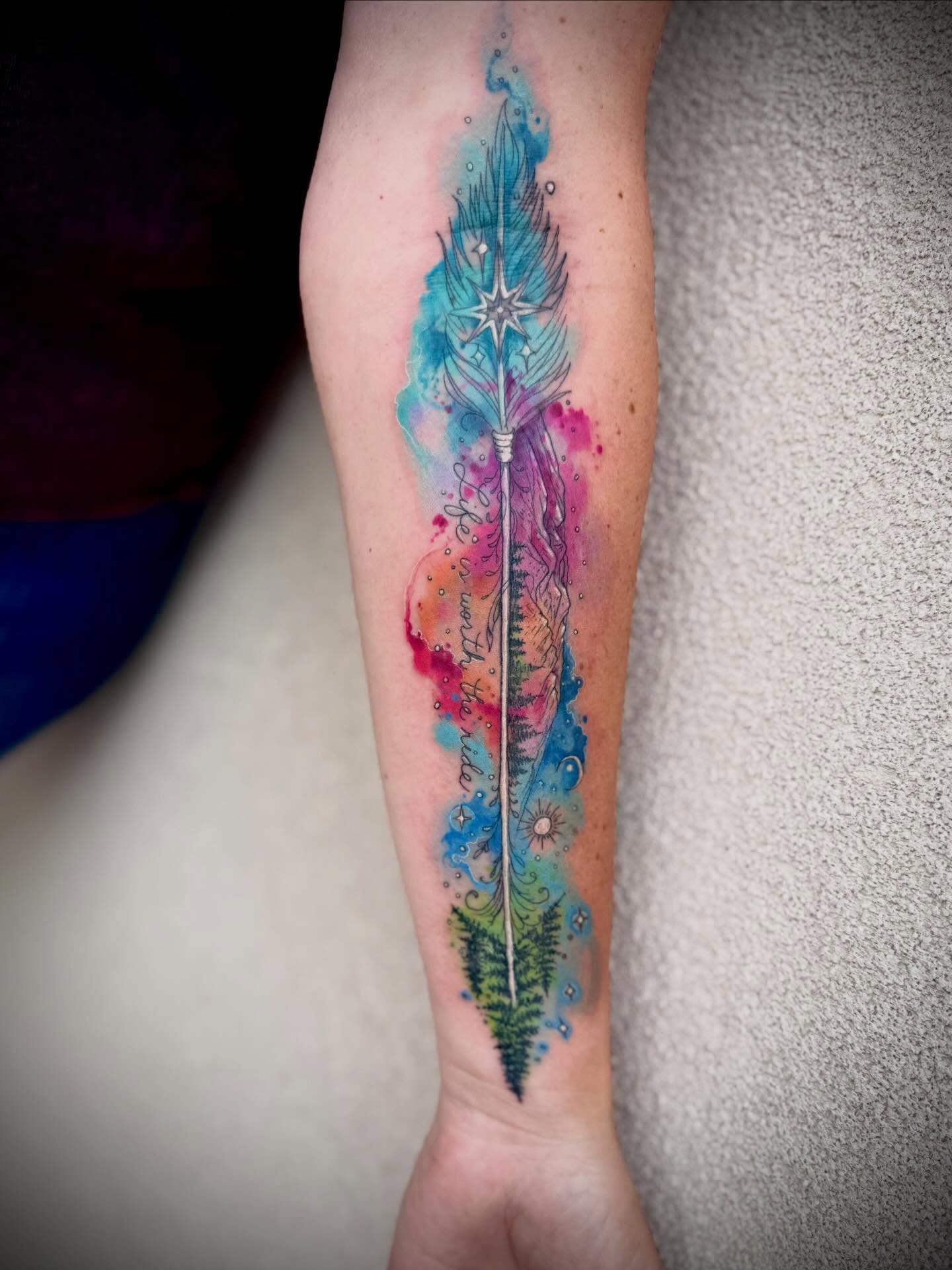 super rad project on a really sweet client! love the trees as arrowhead, gets me stoked for the bow hunting season coming ! did anyone pull a tag?#watercolourtattoo #albquerquetattooartist #truegrittattoosnewmexico #bowhunt #ā¤ļønewmexico