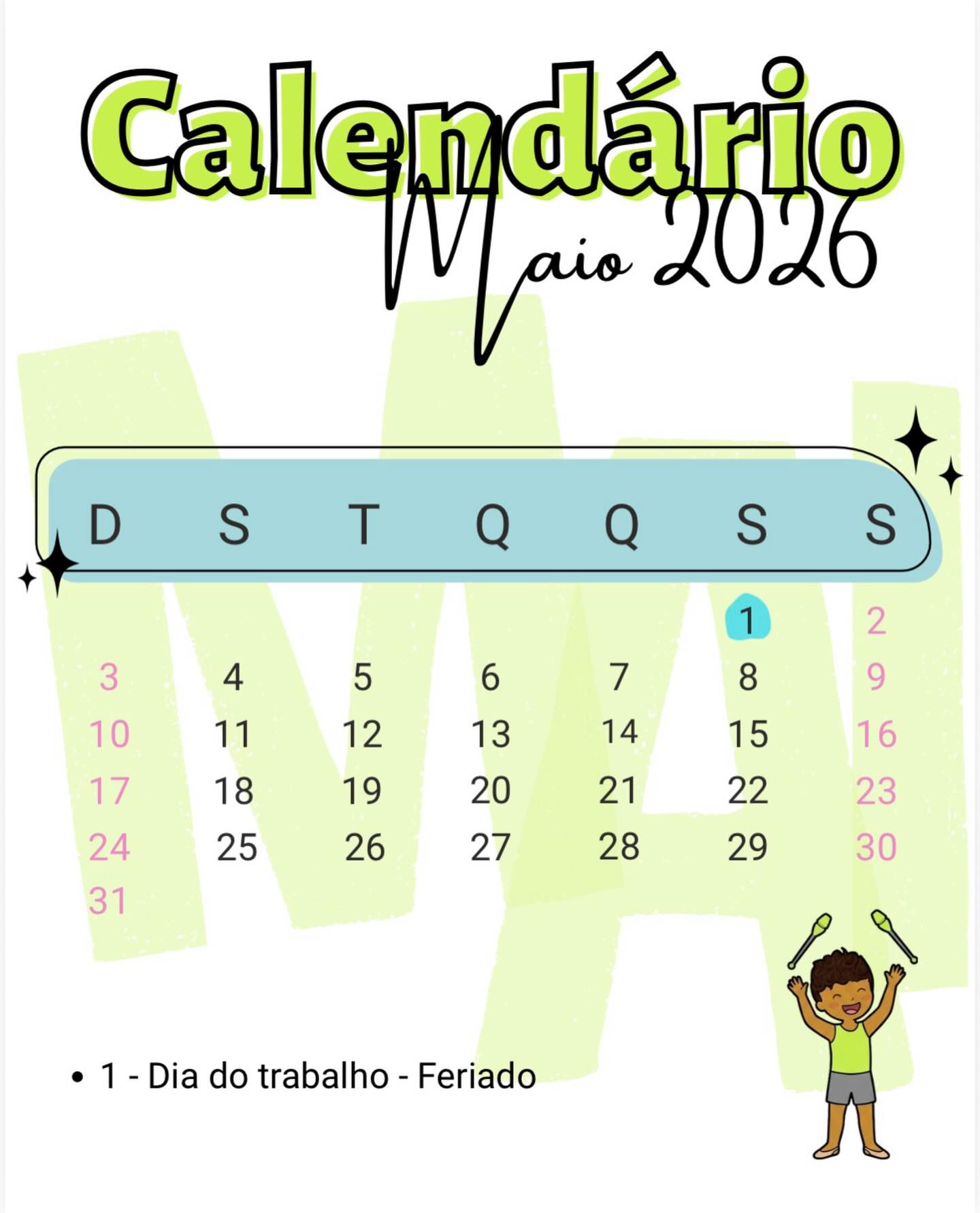 Fica ligadinho no feriado do mês de maio pra não se confundir, hein!😉
Aproveitem o feriado de sexta feira, o resto do mês todinho estaremos juntos aprendendo e nos divertindo!💚
#VemProGrupoIllusion