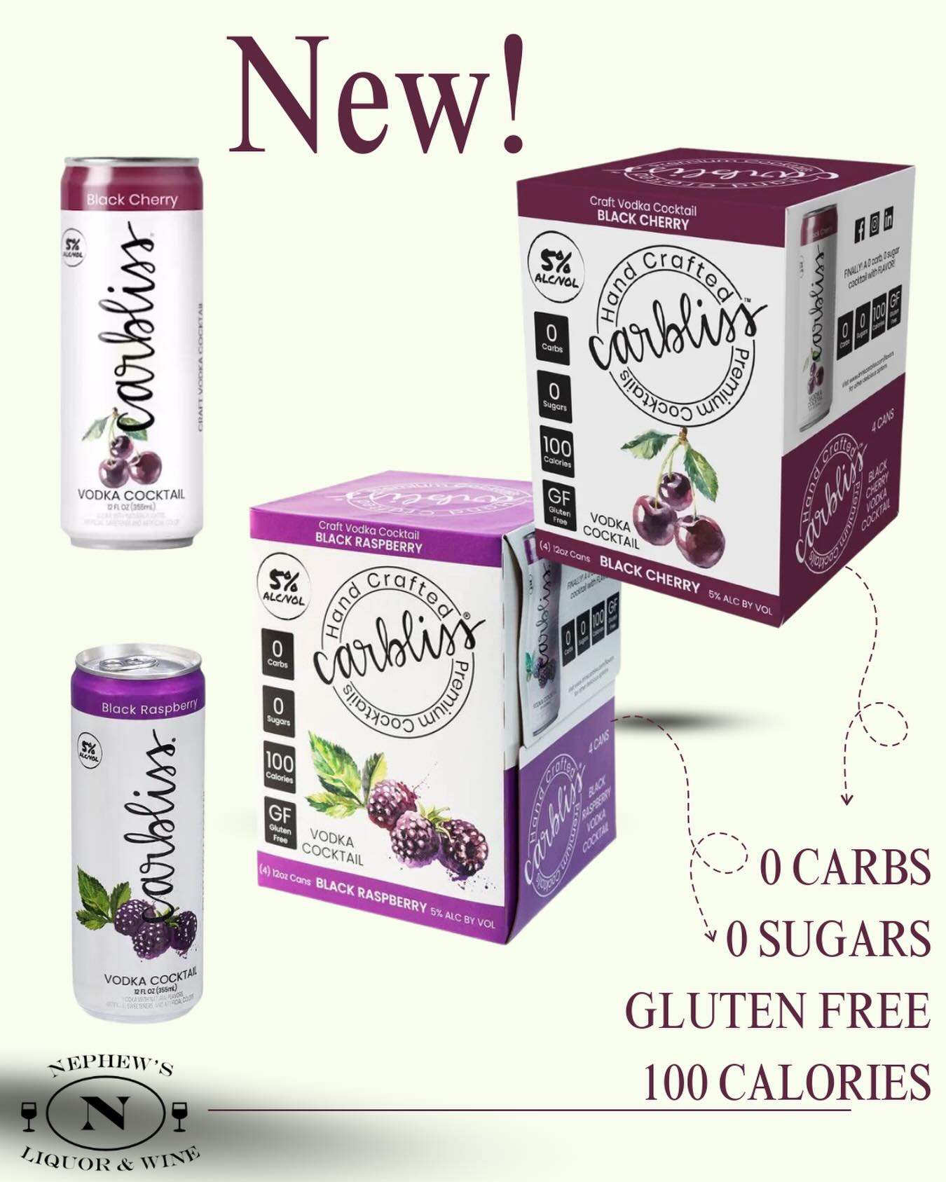 ☀️ Happy Friday! ☀️
Check out Carbliss-premium, ready-to-drink canned cocktails.
0️⃣ carbs
0️⃣ sugar
✔️ Gluten free
💯 calories
Now at Nephew’s: 🍒 black cherry and black raspberry
@drinkcarbliss #lakechamplain #adirondacks #upstateny #vermont #canada