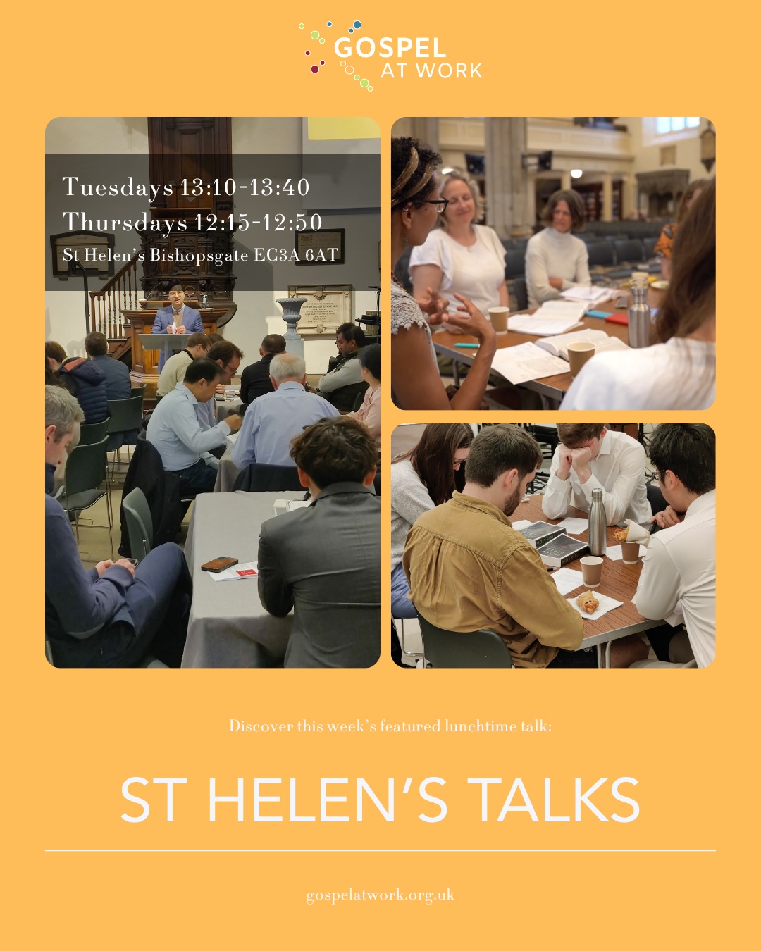 St Helen's Bishopsgate... This week's featured lunchtime talk.
Designed to be accessible to all—whether you are looking into Christianity or are a committed Christian. Many Christian City workers find it a good way of standing publicly for the gospel and an easy way to invite colleagues to hear about Jesus.
Here’s what’s on the next couple of weeks:
- 28/ 30 April | Matthew 22:23-33 | Sadducees and resurrection
- 5/ 7 May | Matthew 22:33-40 | Greatest command
⌚ Tuesdays 13:10-13:40, Thursdays 12:15-12:50
📍St Helen’s Bishopsgate EC3A 6AT
✉️ claire.odonoghue@st-helens.org.uk
🙏 Mondays 13:05-13:50, Thursdays 07:45-08:30
🛜 st-helens.org.uk
#faithatwork #gospelatwork #lunchbreak #bishopsgate