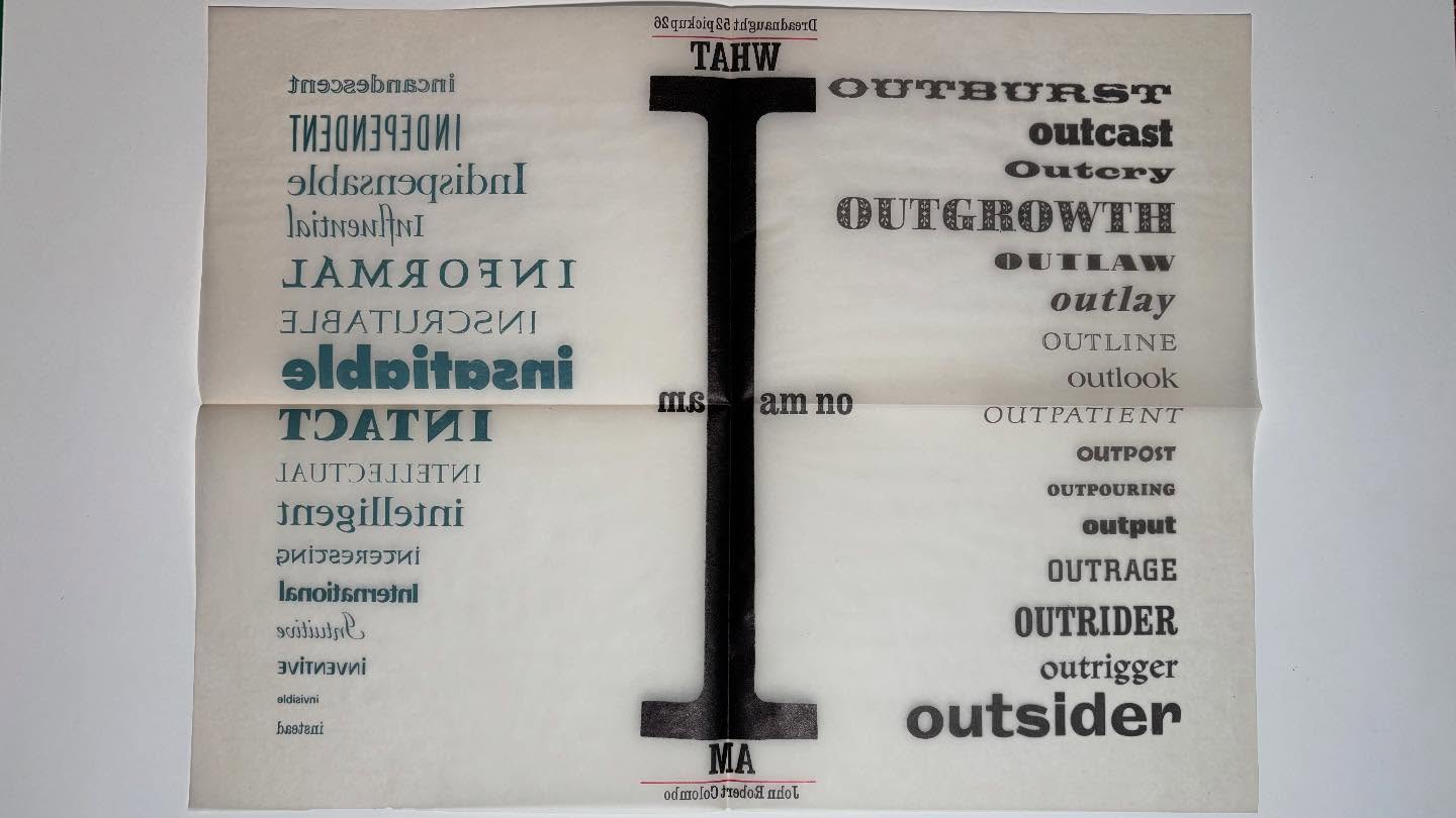 The poem that I’ve decided to highlight this week is I Am/I Am No by John Robert Colombo. It’s one of the larger pieces in the collection, and made to stand out even more due to it being printed on tracing paper. I really appreciate how layered it is, being double sided with the other side still being visible. The mirroring of the text with the large linocut capital I in the centre is incredibly eye-catching. I also find the use of alliteration in each part of the poem to be very clever. The side saying “I am” has words that all start with “in” (insatiable, intelligent, inventive, etc.) while the “I am no” side starts with “out” words (outgrowth, outrage, outsider, etc.). The different fonts being used adds to the reading experience in a fun way and communicates the emotions of each word. I very much enjoy how this poem can also be read as a personal manifesto for the author.
For more info click the link in bio to access the Patreon!