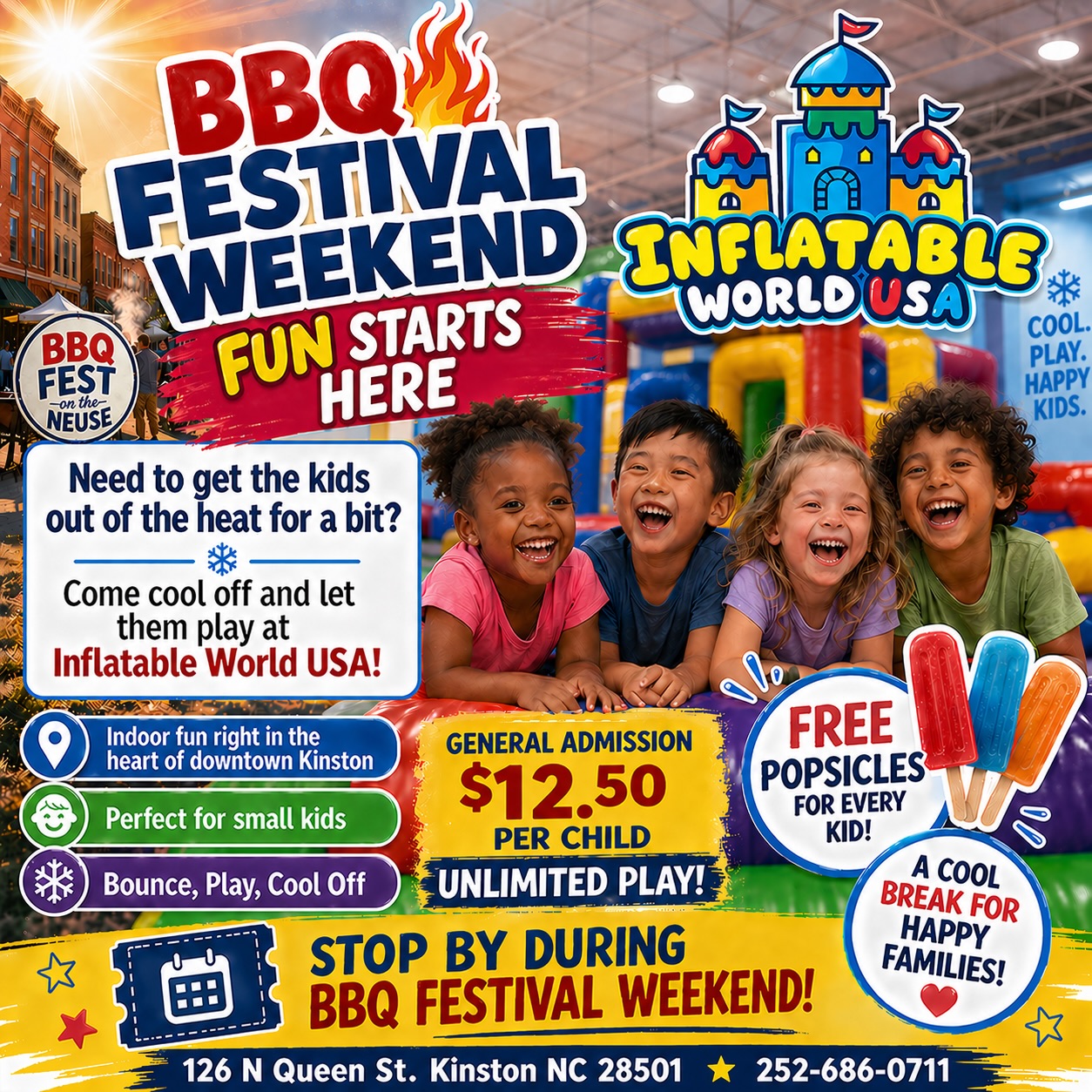 BBQ Fest on the Neuse is here, and downtown Kinston is buzzing. If you’re out with the kids and need a quick break from the heat, stop by Inflatable World USA for indoor, air-conditioned fun right in the middle of it all.
Let them bounce, play, and cool off before heading back out to enjoy the rest of the festival. It’s the perfect reset for happy families.
#FunStartsHere