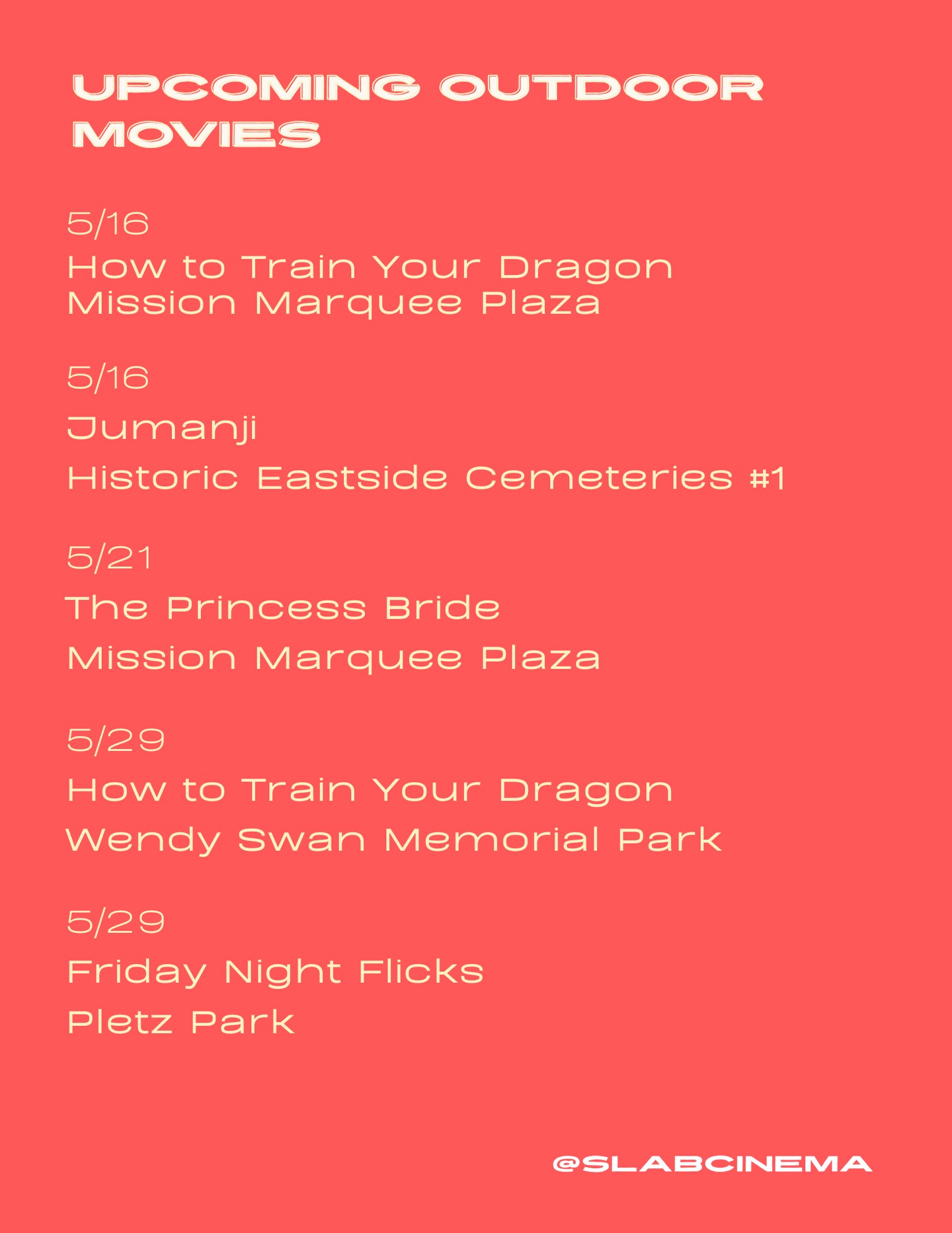 This month we are showing free outdoor movies throughout the city!
🍿 Upcoming Screenings:
• 5/1 — rescheduled due to rain @velocitytx
• 5/2 Luca @mission_marquee_plaza
• 5/8— Captain America: Brave New World @velocitytx
• 5/8 — cancelled due to rain @ Bulverde Community Park
• 5/15 — Ferris Bueller’s Day Off @legacy.park
• 5/15 — A Minecraft Movie @ Helotes City Hall
• 5/15 — School of Rock @ Dellview Park
• 5/16 — How to Train Your Dragon @mission_marquee_plaza
• 5/16 — Jumanji @ Historic Eastside Cemetery #1 cancelled due to rain
• 5/21 — cancelled due to rain The Princess Bride @mission_marquee_plaza
• 5/29 — TBD @ Pletz Park
• 5/29 — How to Train Your Dragon @ Wendy Swan Memorial Park
Movies start at dusk. Bring picnics, lawn chairs and blankets.