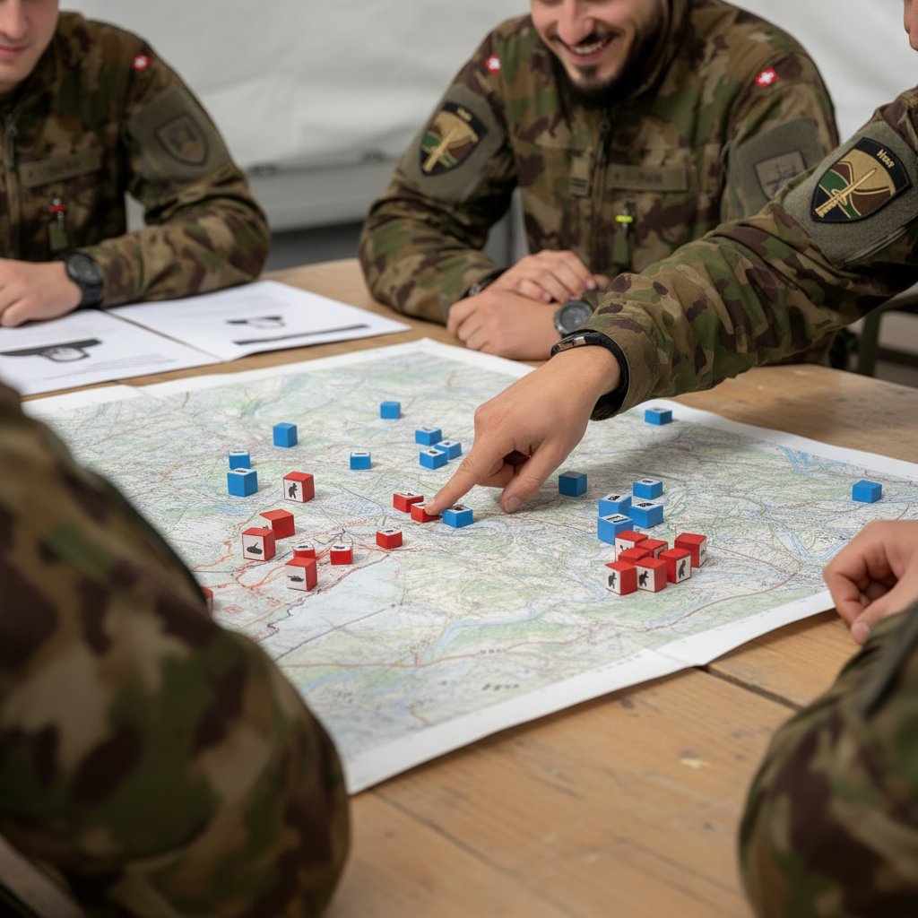 Stratégie en action. Saurez-vous anticiper le prochain mouvement ?
Un doigt pointe, un bloc avance. La tension est palpable autour de la carte suisse. Chaque geste compte, chaque décision forge le leader de demain.
Envie de vivre la tactique en vrai ? Participez à la prochaine démo !
Taktik live erleben. Wer trifft die richtige Entscheidung?
Ein Finger zeigt, ein Block rückt vor. Die Spannung steigt über der Schweizer Karte. Jede Aktion zählt, jede Entscheidung formt den Offizier von morgen.
Lust auf echte Taktik? Mach bei der nächsten Demo mit !
Offensive le jeu . parce que la tactique s’apprend mieux quand elle se vit. 🗺️🛡️